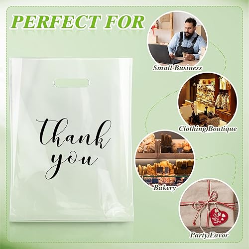 Vista 15 de Crtiin 100 bolsas transparentes para mercancía, bolsas de compras con asas troqueladas, embalaje de plástico para pequeñas empresas, tiendas