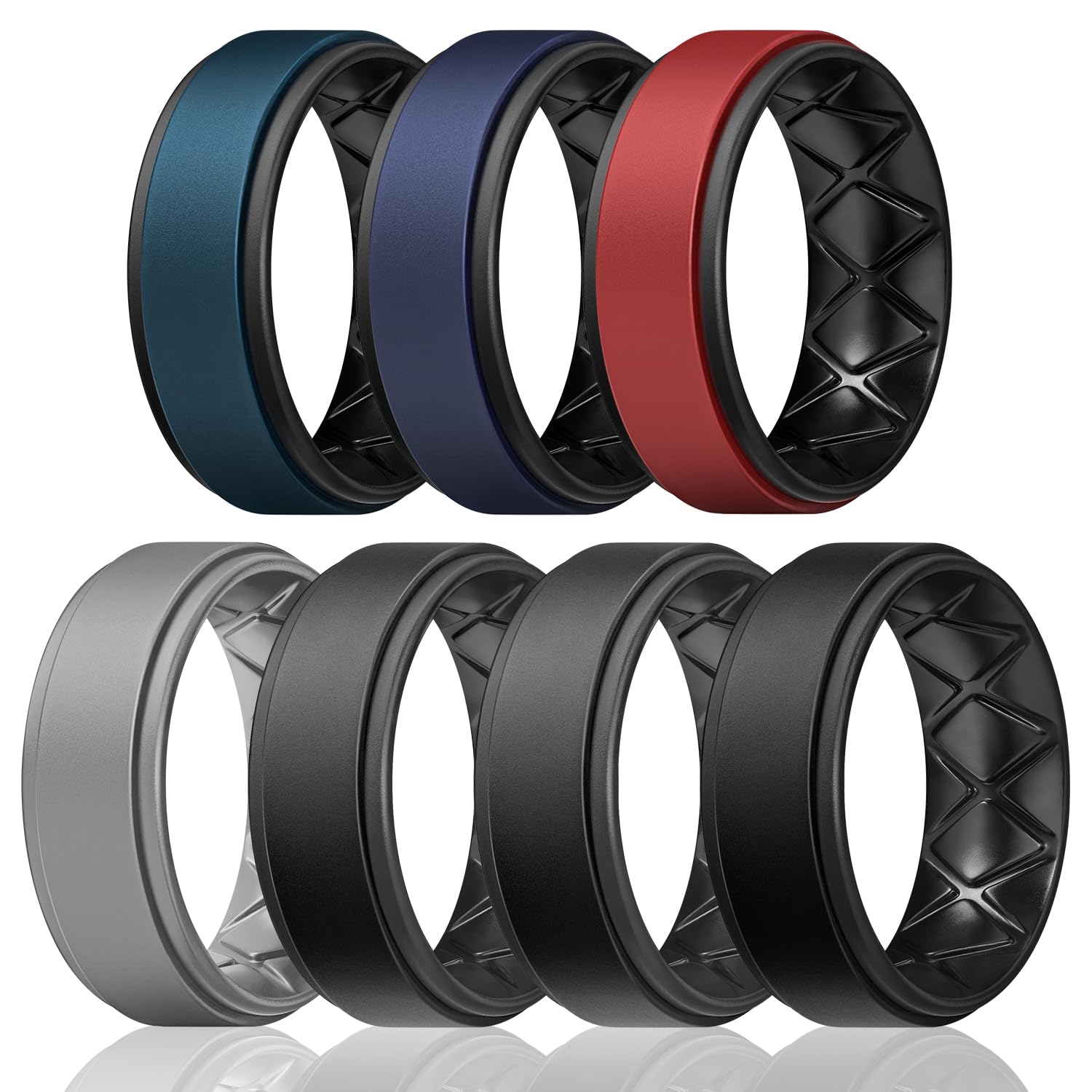 Egnaro Men's Wedding Rings 8mm Wide 2mm Thick Rubber Bands, Breathable and Flexible Step Edge Ring, Variety Multipack 1-7 For Gym Workout Travel Daily Wear