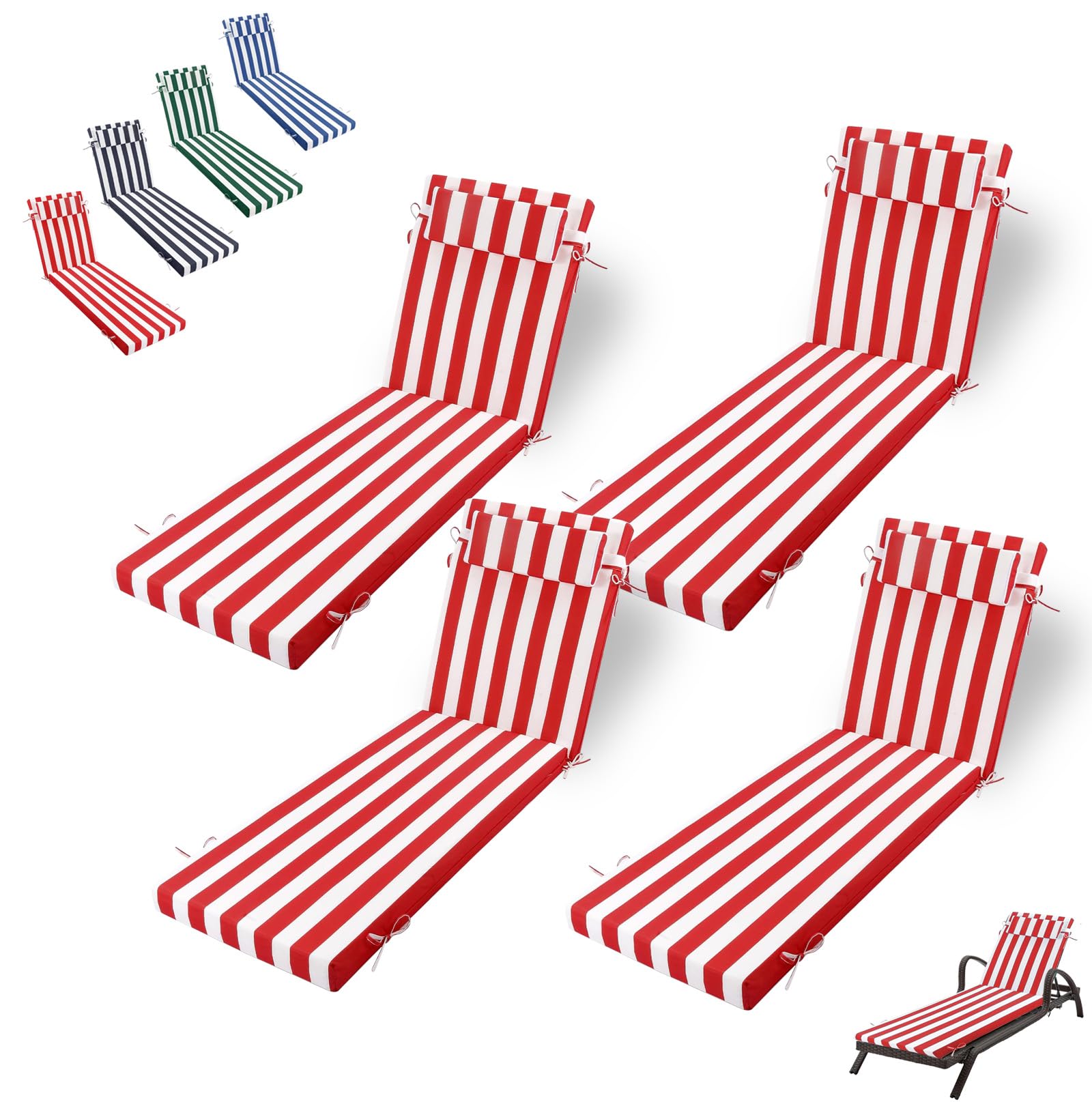 Outdoor Chaise Lounge Cushion, High-Density Foam Fill Patio Furniture Bench Cushions with Ties, Thicken Waterproof Replacement Back Chaise Cushions for Pool, Sand Beach (Red White Stripes 4pc)