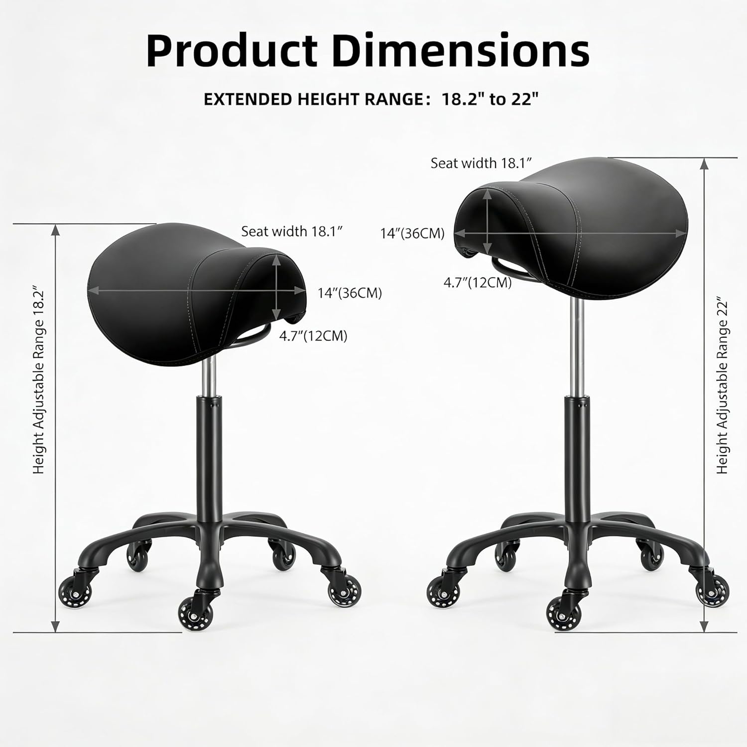 Saddle Salon Stool with Wheels,Heavy Duty Adjustable Rolling Drafting Chair for Barber, Tattoo, Nail,Spa,Dentist(Black)