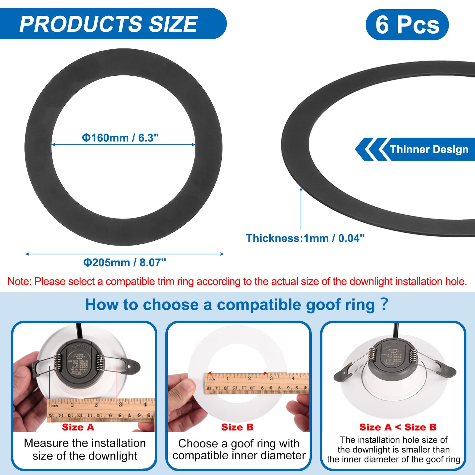 PATIKIL Goof Rings for 5/6 Inch Recessed Can Lighting Down Light, 6 Pcs Metal Goof Trim Rings Cover, Outer Diameter 8.07-inch - Image 2
