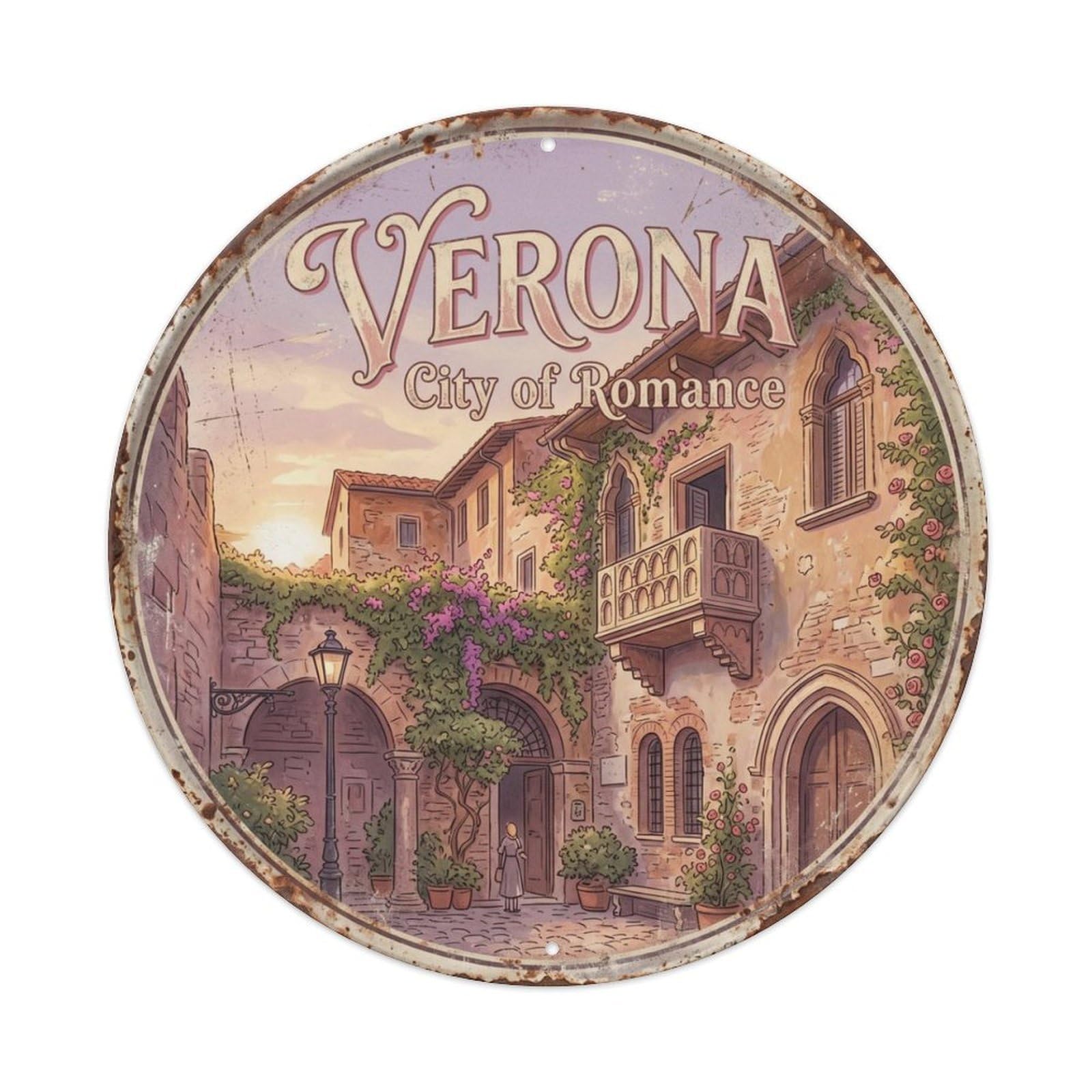 Vintage Travel Romantic Verona Italy Metal Tin Sign Plaque Wall Decor for Cafe, Club Bar, Office, Home Garden Round Metal Poster 8x8Inch