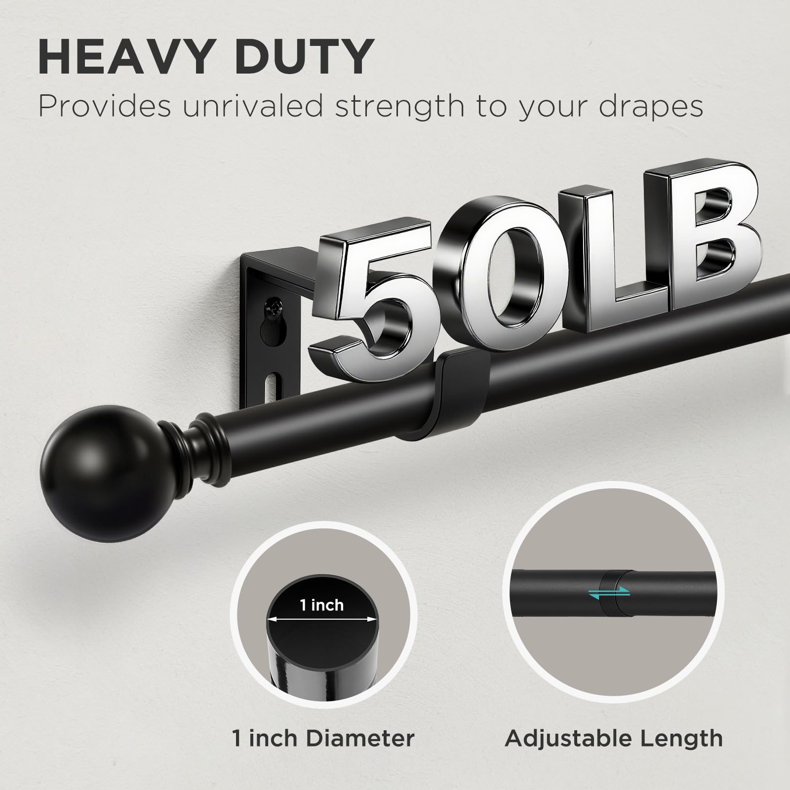 Black Curtain Rods - 32-120 Inch Adjustable -5 Black Curtain Rods - 32-120 Inch Adjustable -5