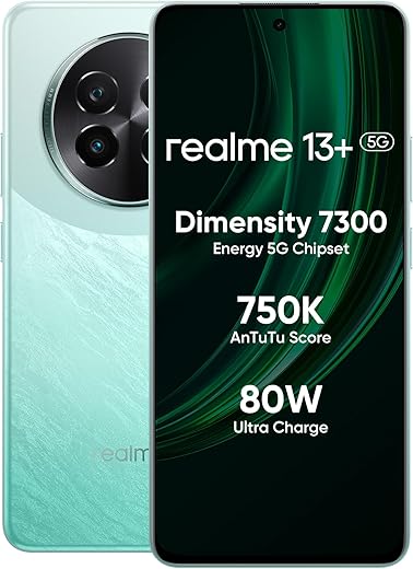 realme 13+ 5G (Speed Green, 8GB RAM, 256GB Storage) 6.67″ AMOLED Display | 80W Ultra Charging DAK | Dimensity 7300E Processor