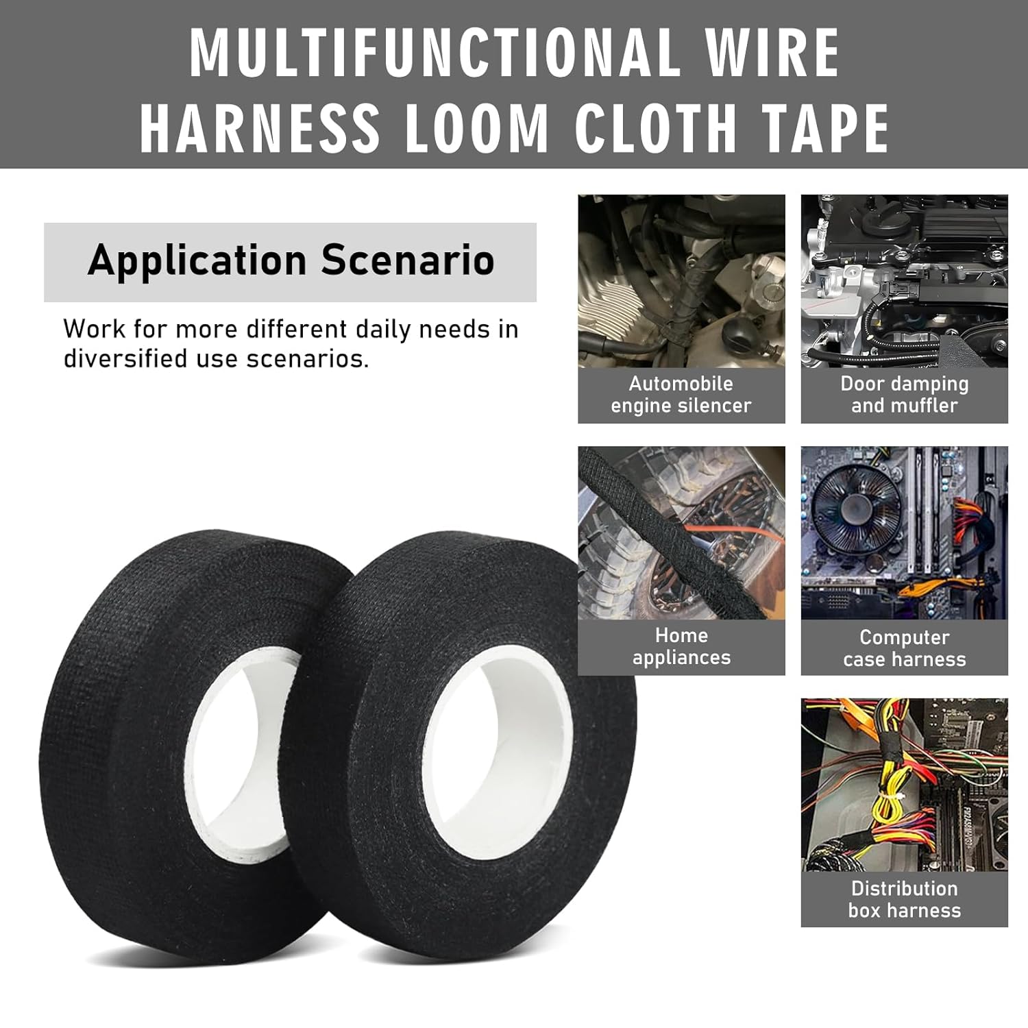 SIKEDEPRO 2 Rolls Wire Harness Tape,Self-Adhesive Black Cloth Tape, High Temp Resistant Fabric Electrical Tape for Automotive Wiring, Engine Loom Wrap & Cable Protection