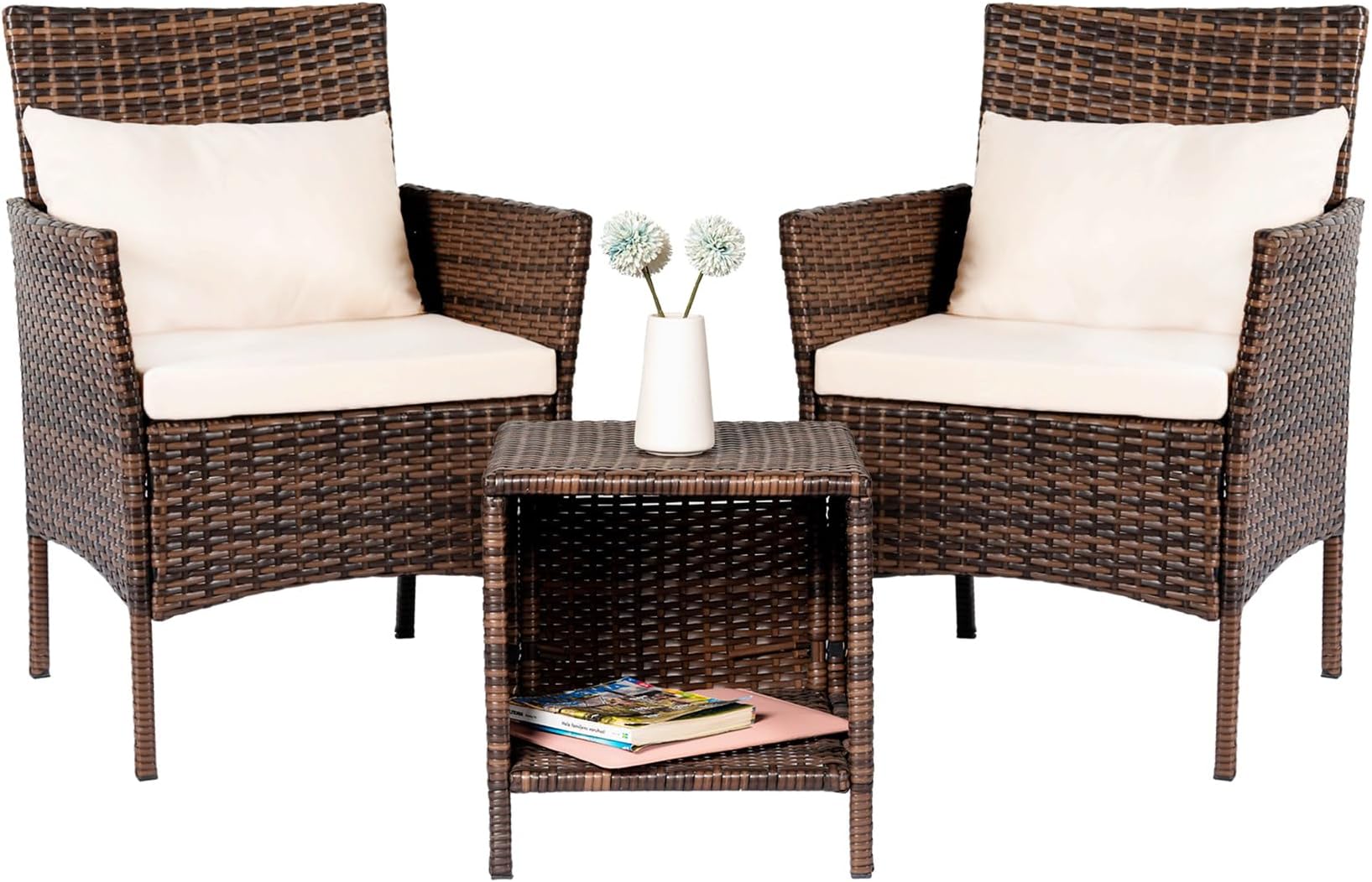 3 Piece Patio Conversation Bistro Set, Porch Balcony Furniture Set Outdoor Chat Furniture, Wicker Chairs and Storable Table Set for Yard Balcony Backyard Apartment, Brown/Beige