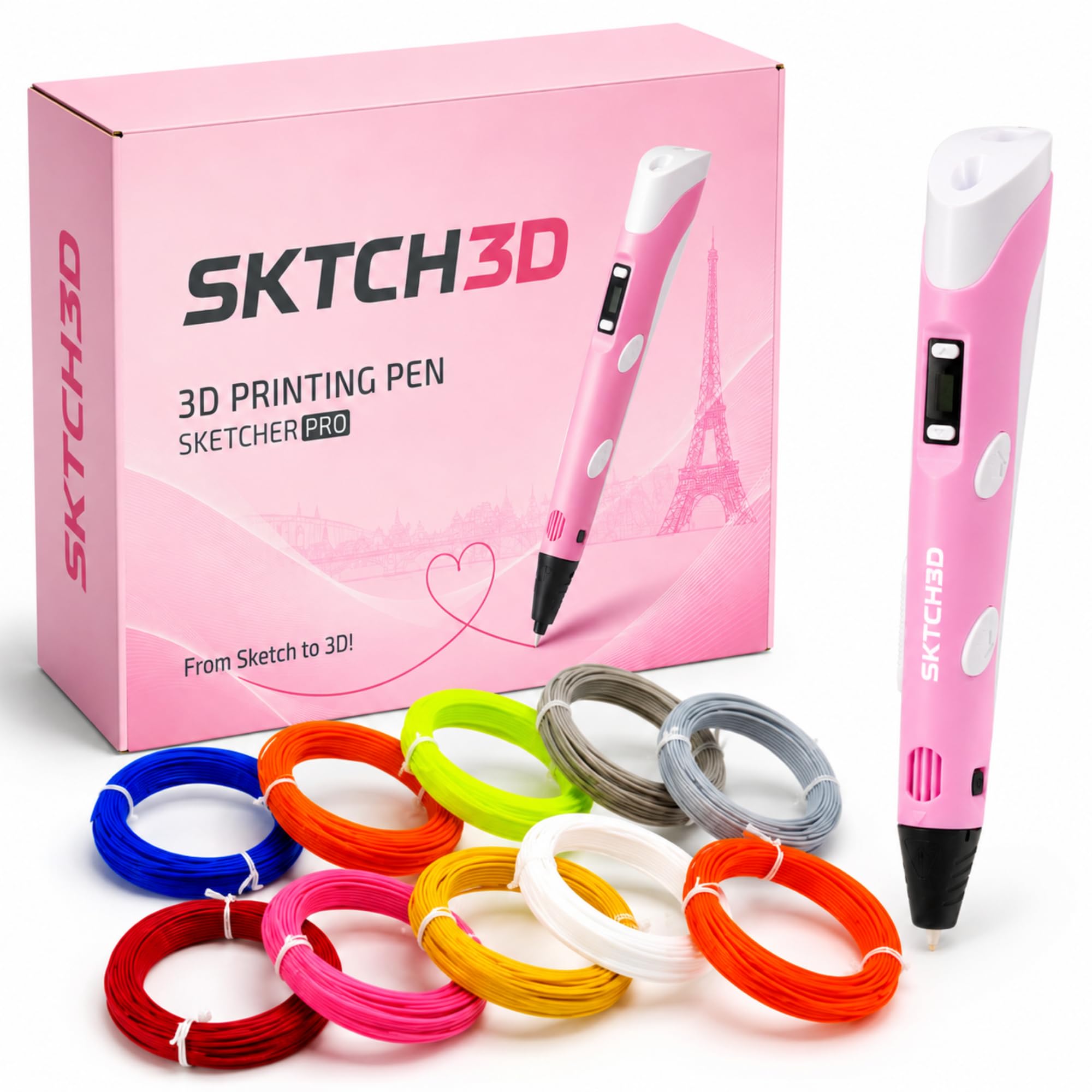 3D Pen con 50m di filamento PLA – Set iniziale professionale per penna 3D con 10 colori, adattatore USB, libro di modelli e istruzioni – Penna 3D per creativi, fai da te e disegno in 3D (Rosa