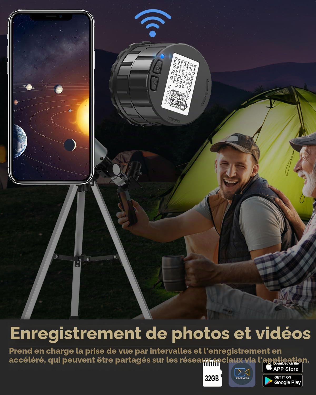 EVISTR Caméra d'oculaire de télescope électronique WiFi, oculaire de télescope numérique sans Fil HD 4 Millions de Pixels, caméra Portable d'observation des Oiseaux, oculaire de Microscope pour Lunet