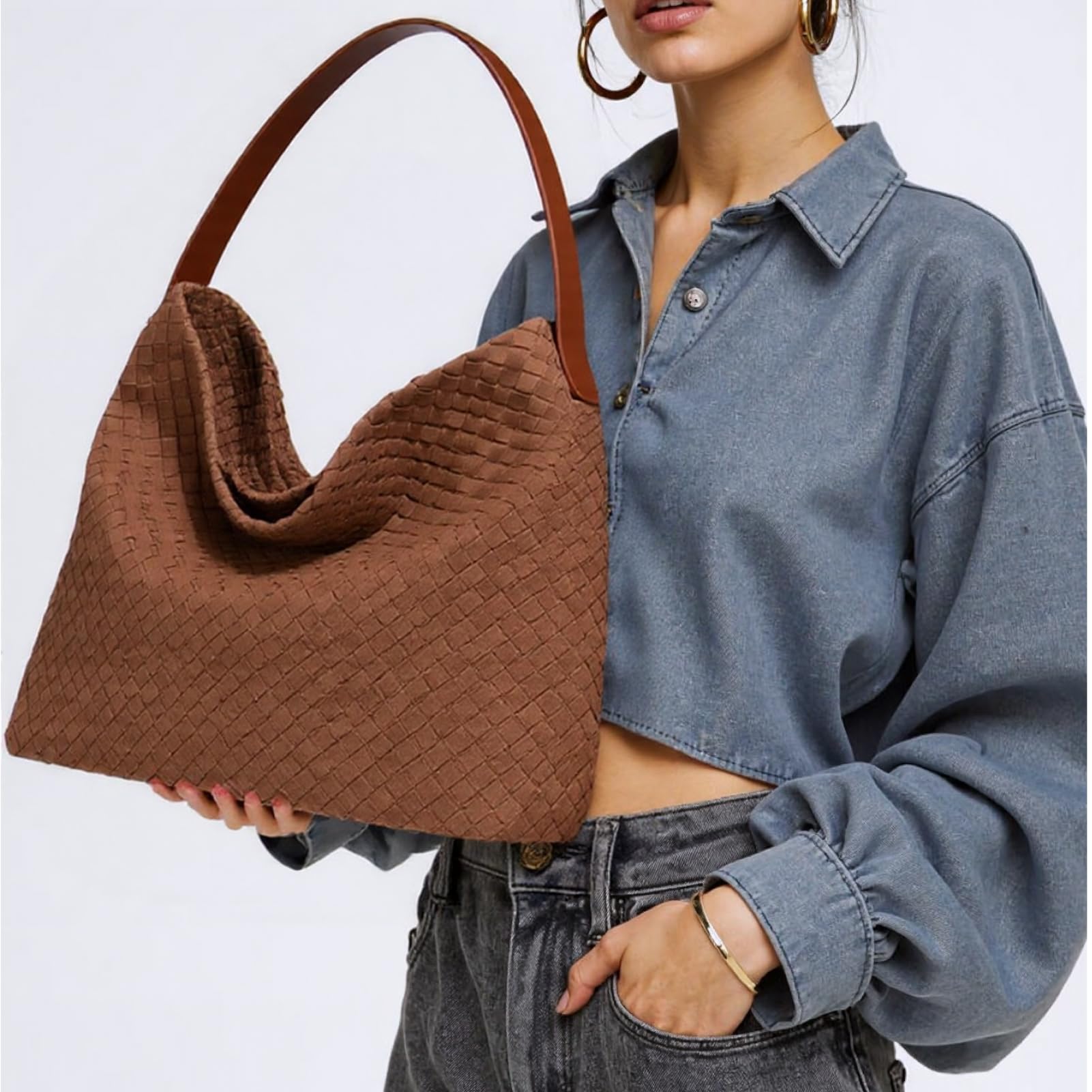 Women's Braided Leather Tote Bag Stylish Suede Hobo Shoulder Bag with Woven Details