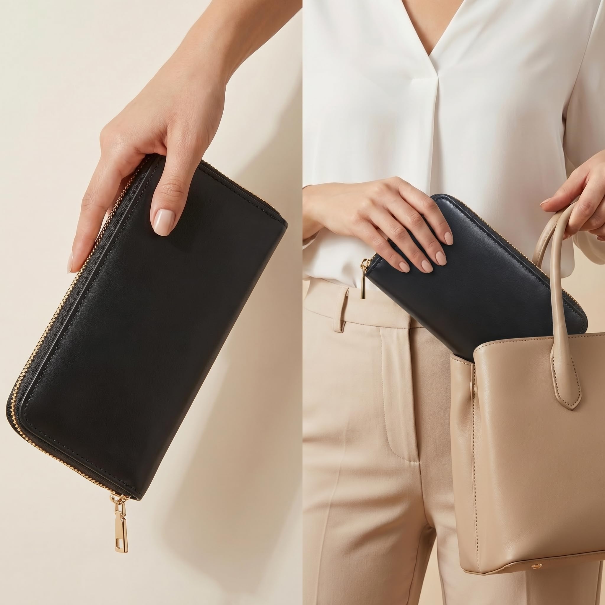 MillyMilk® Leder Geldbörse Groß Pura – Damen Portemonnaie Clutch mit Handyfach – Gepolsterte Kunstleder Brieftasche Vegan mit Vielen Fächern für 16 Karten, Münzen & Scheine (SCHWARZ)