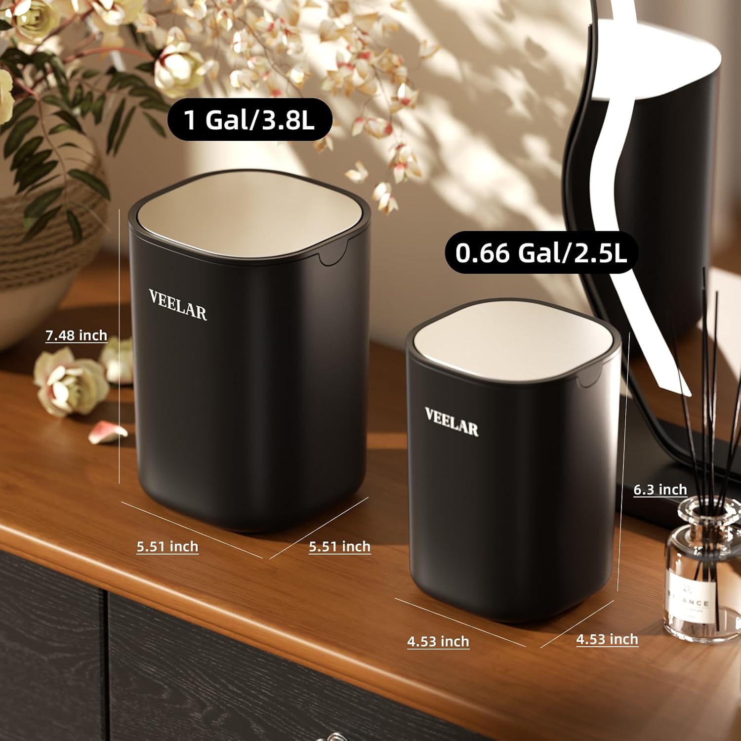 Mini Tabletop Trash Can, 1 Gal Swing-Lid Garbage Bin (Black)