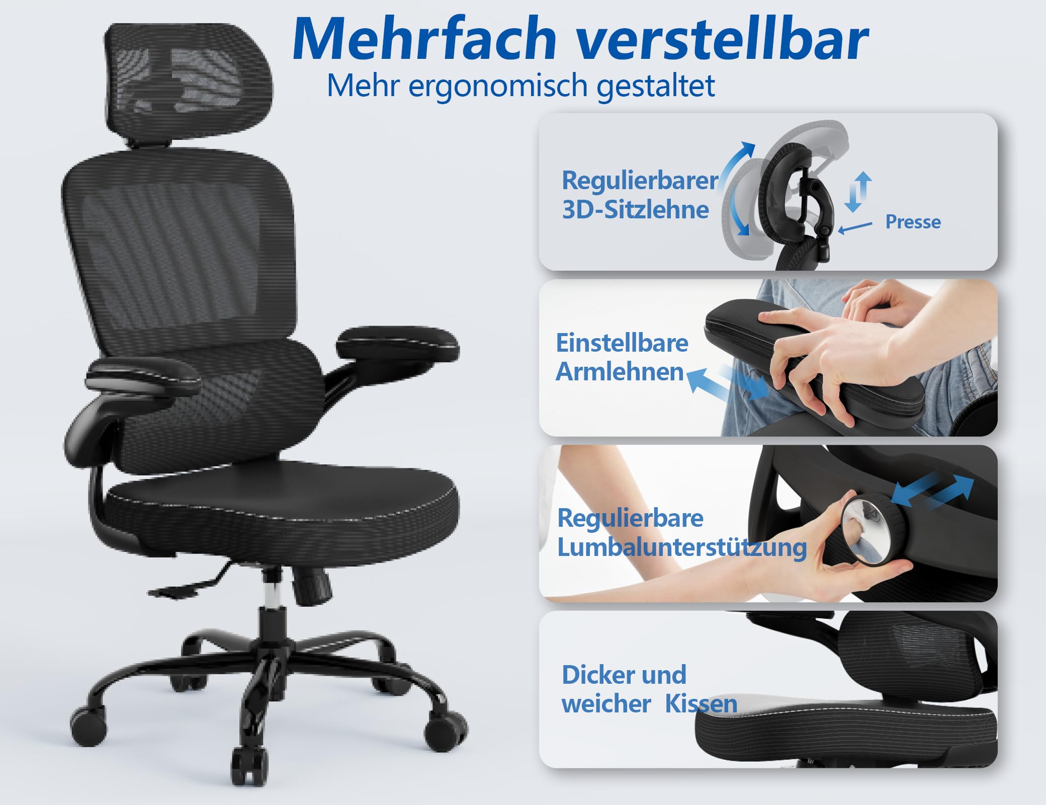 TRALT Ergonomischer Bürostuhl: Office Chair mit Verstellbarer Kopfstütze