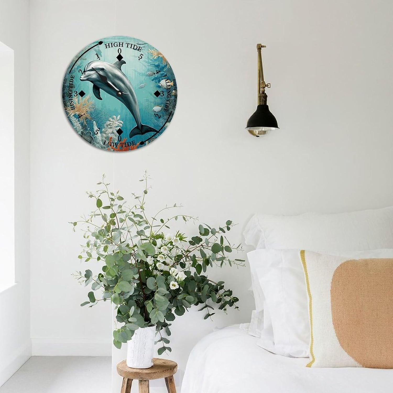 Dolphin Wood Tidal Clock Ocean Time Maritime Coastal Beach High Tide Low Tide Clock Rustic Wooden Nautical Tide Movement Vintage Decor for Beach House Kitchen Wall Art 15x15 in