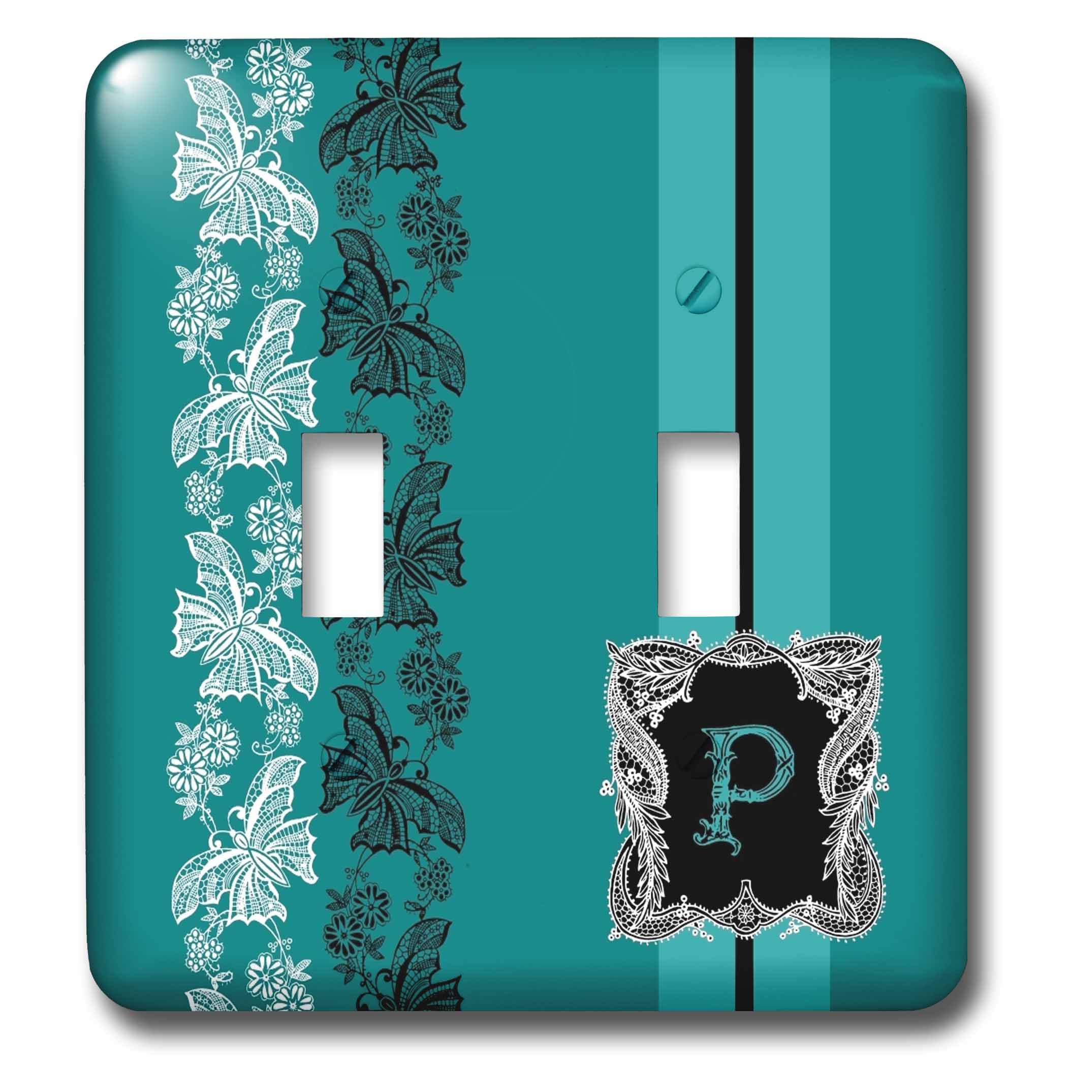 Double interrupteur à bascule Monogramme P bleu sarcelle et dentelle noire 3dRose