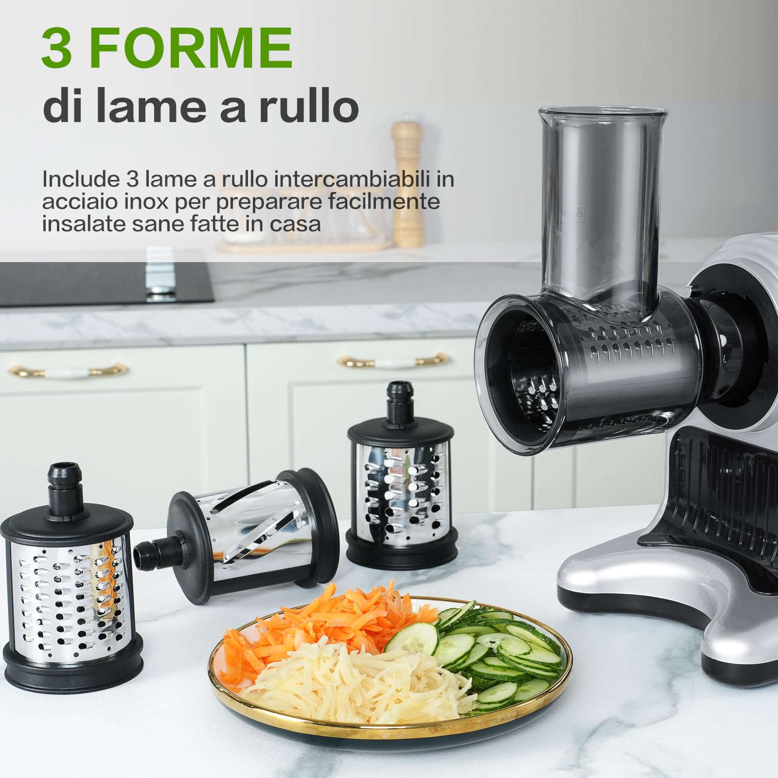 AMZCHEF Macchina 4-IN-1 | ①Estrattore / ②Grattugia Elettrica per Formaggio e Verdure / ③Tritacarne / ④Riempitrice per Salsicce | Argentori di Succhi con 80MM e Attacco Multifunzionale - Argento