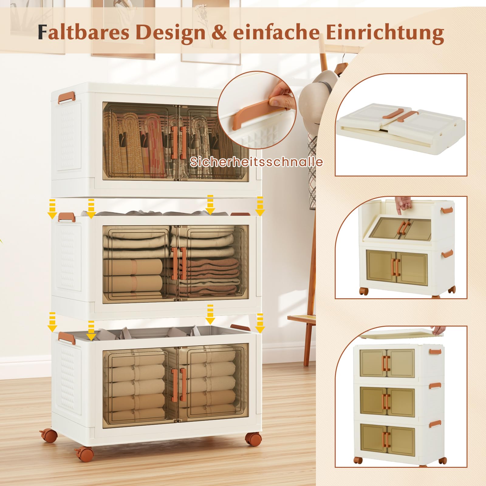 COSTWAY Aufbewahrungsbox mit Deckel, 52Lx3 Stapelboxen faltbar, Aufbewahrungsbehälter mit Rollen & transparenten Türen, Kunststoffbox Ordnungsboxen durchsichtig