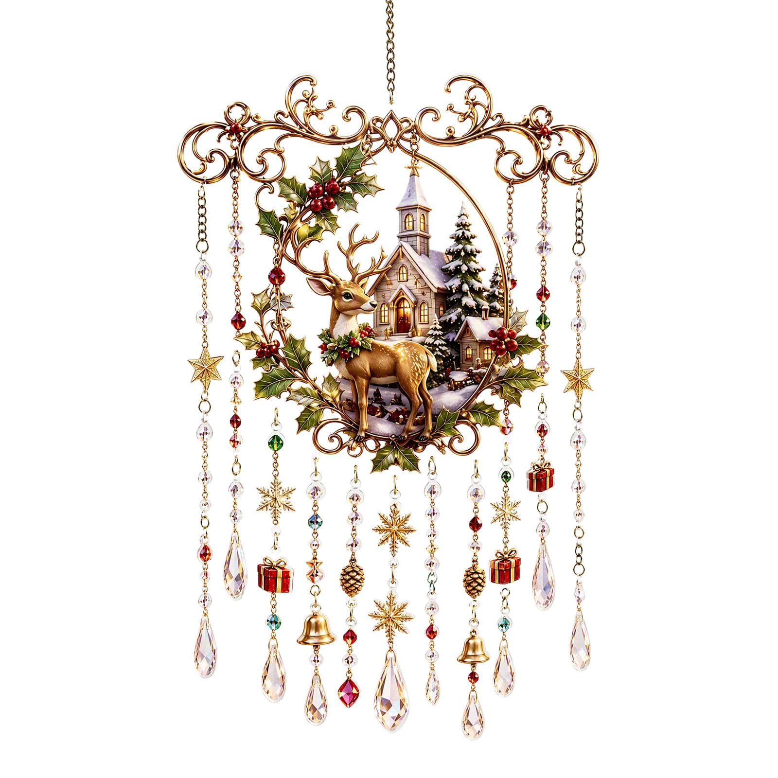 Christmas-Themed Crystal Wind Chime, Christmas Glass Suncatcher Wind Chime