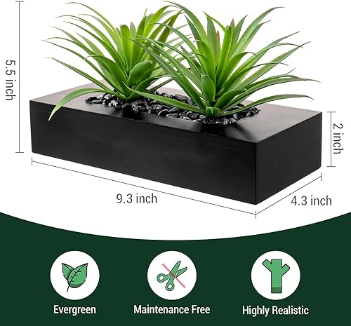 Miniatura 5 de MyGift Plantas artificiales de césped artificial de 10 pulgadas en maceta rectangular de madera negra, plantas sintéticas de interior para