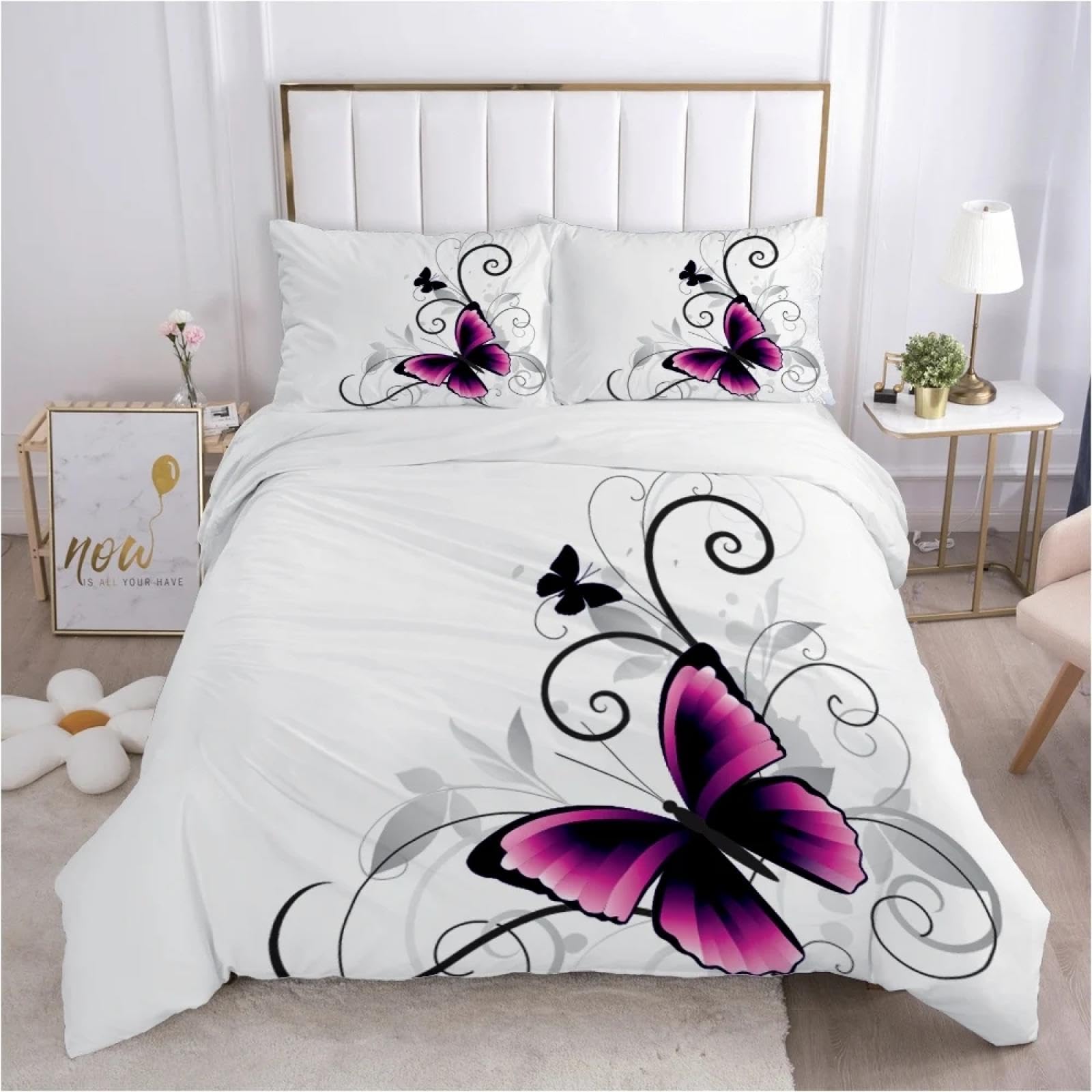 Housse de couette papillon 200x200cm avec 2 taies d'oreiller pour lit double