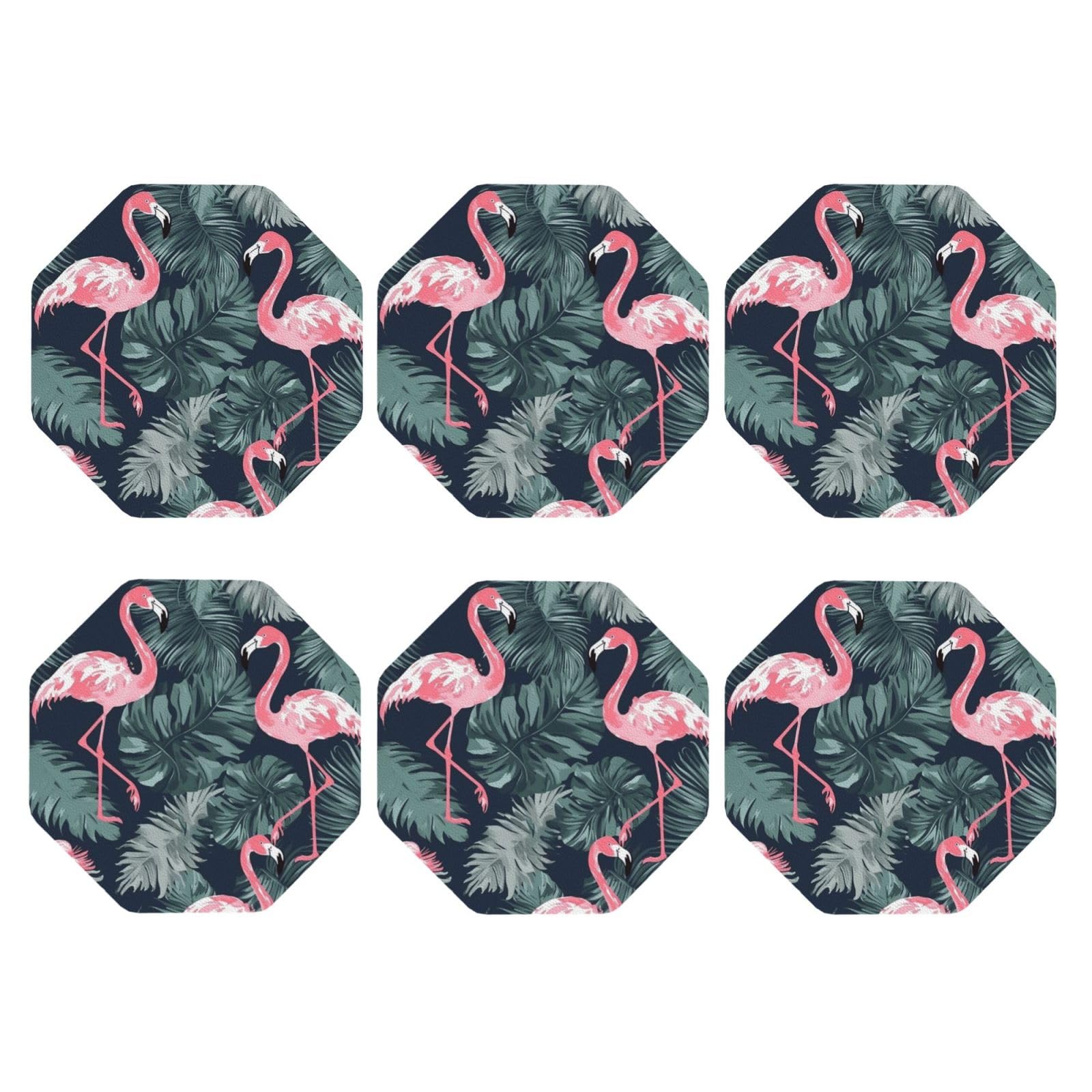 6pcs Leather Coasters for Drinks, Flamingo and Leaves Drink Coasters for Tabletop Protection, 4" Cup Coasters for Coffee Table Decor, Non-Slip Drinking Cup Mat for Hot Or Cold Drink