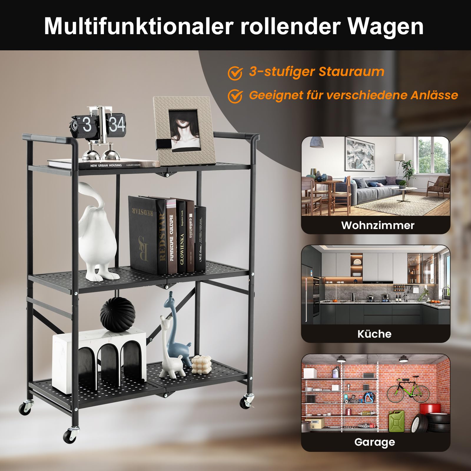 COSTWAY Servierwagen klappbar, Küchenwagen mit 4 Rollen, 2 feststellbar, 3 Etagen Metallregal, Allzweckwagen für Küche Büro Garage Wohnzimmer, Beistellwagen Stabil, Rollwagen Metall, Schwarz