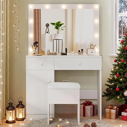 Haewon White Vanity Desk with Mirror and LED Lights, Makeup