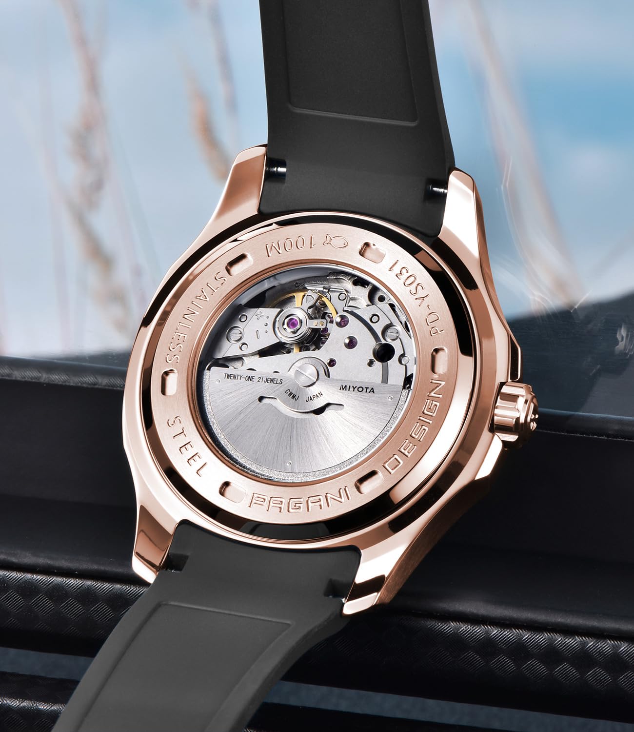 Pagani Design Automatik Herrenuhr Miyota 8215 Mechanisches Uhrwerk 41mm Edelstahl Analog Armbanduhren für Herren, Synthetisches Saphirglas Zifferblatt, 100M Wasserdicht, Kautschukband, Datumautomatik