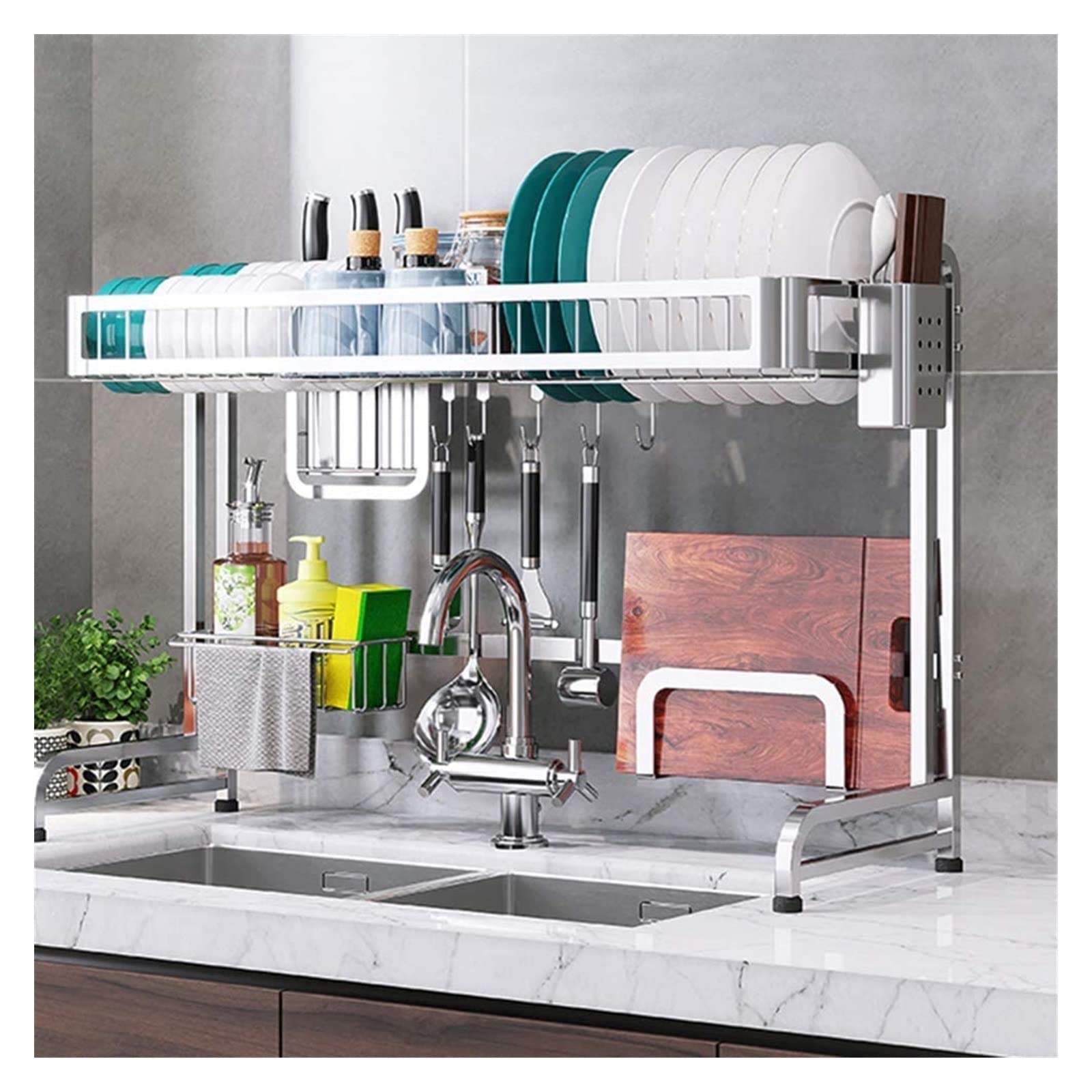 SaryEdge Dish Drainers 2-Animal Dish Rack With Utensil Holder Multipurpose Stainless Steel Dish Drainer For Kitchen Counter-Silver Single Tier 79Cm,