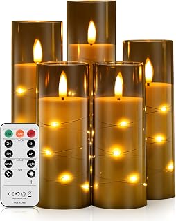 Forever Speed 5 Stück LED Kerzen Lichterkette mit Fernbedienung & Timer, Batteriebetriebene Kerzen Dimmbar Eingebaute Lichterkette Kerzen Acryl Flammenlose Kerzen für Wohndekoration - Grau
