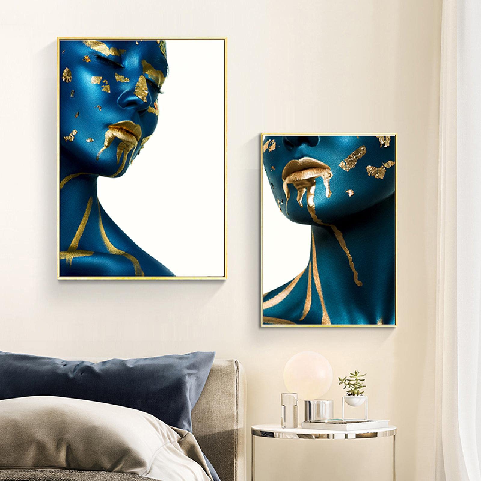 Mujer moderna retrato azul dorado lienzo pintura carteles e impresiones escandinavo cuadro de arte de pared para decoración de habitación 50x70x2cm marco interno