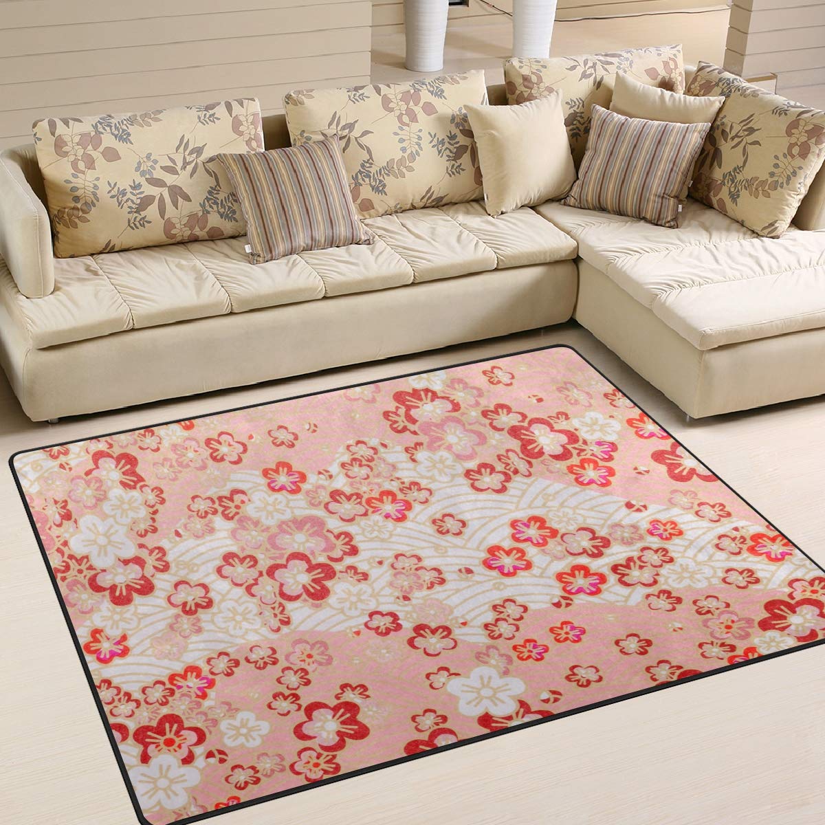 Amazon｜ラグ カーペット 120×160 長方形 花柄 和風 洗える 滑り止め付 