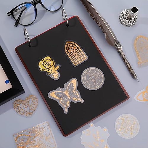 Miniatura 6 de Juego de 180 calcomanías holográficas, de vinilo dorado transparente, impermeables, mariposas, flores, letras vintage, calcomanías de resina para