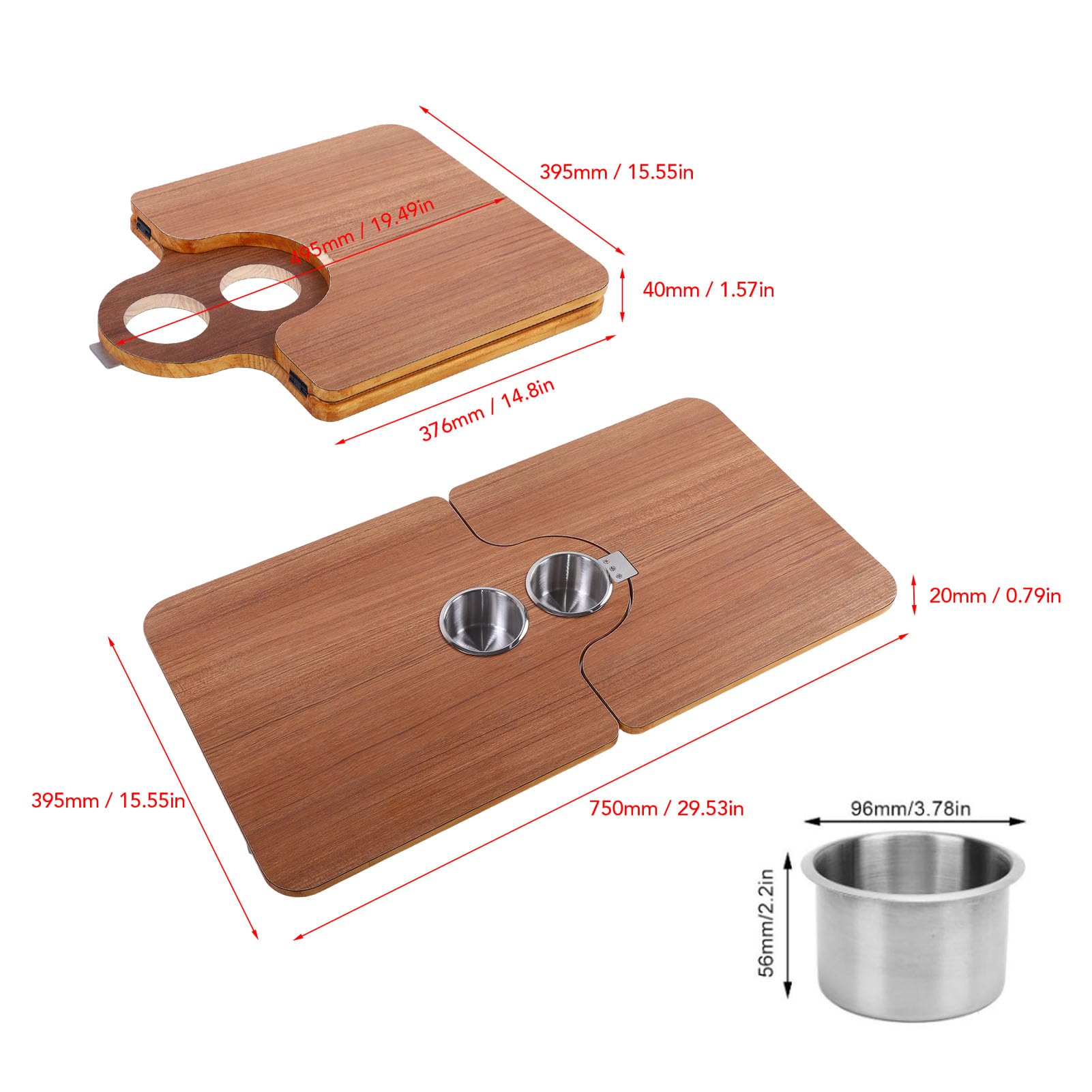 Haofy Piano Tavolo per Barca Pieghevole in Legno Massello 750x395 Mm con 2 Portabicchieri in Acciaio Inossidabile per Lavori di Ristorazione su Yacht per