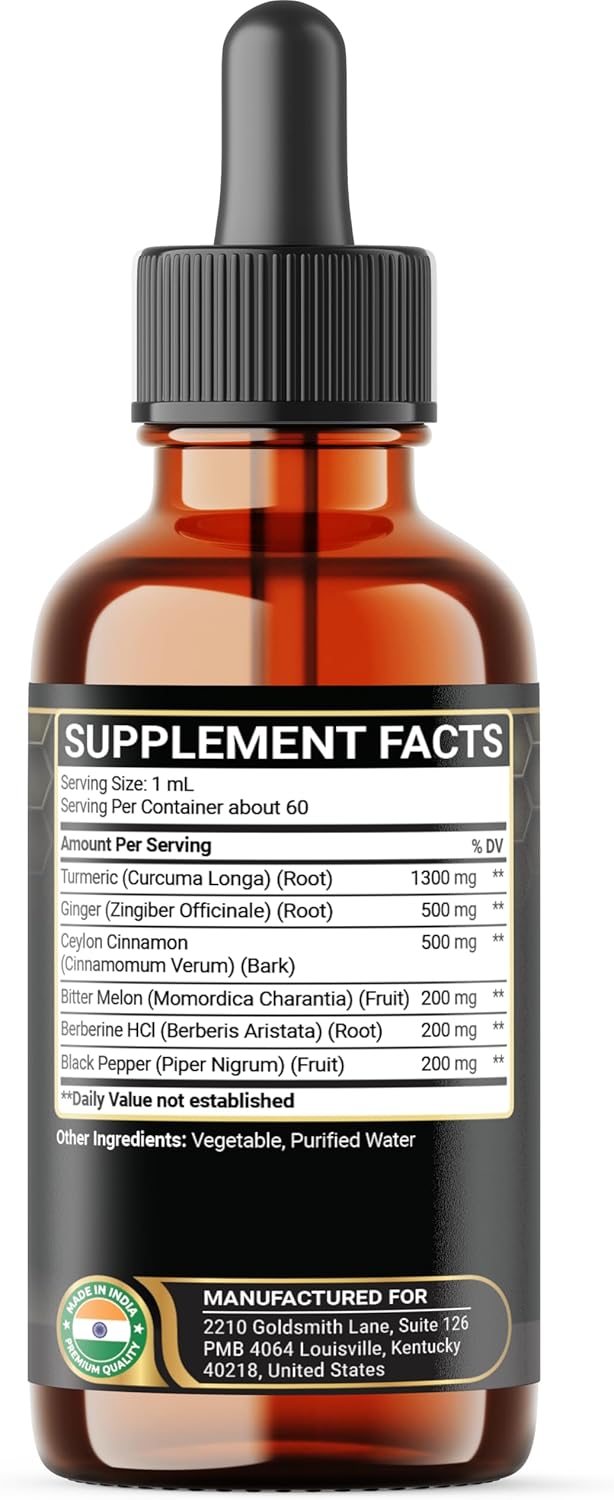 6in1 Liquid Turmeric Curcumin with Ginger, Berberine Extract, Ceylon Cinnamon, Bitter Melon, Black Pepper - Drops Extract - 2FL oz - 60 Servings - Image 8