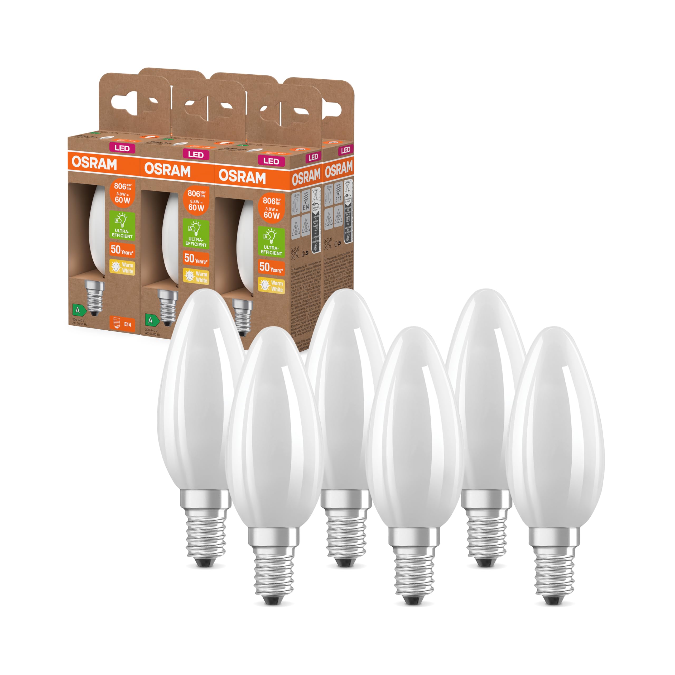 Lampa LED OSRAM klasy energetycznej w klasycznym kształcie mini świecy, 3,8 W / 806 lm, EEK A, ciepłe białe światło (2700 K), CRI 80, wykonana z matowego szkła bezołowiowego, trzonek E14, IP20,