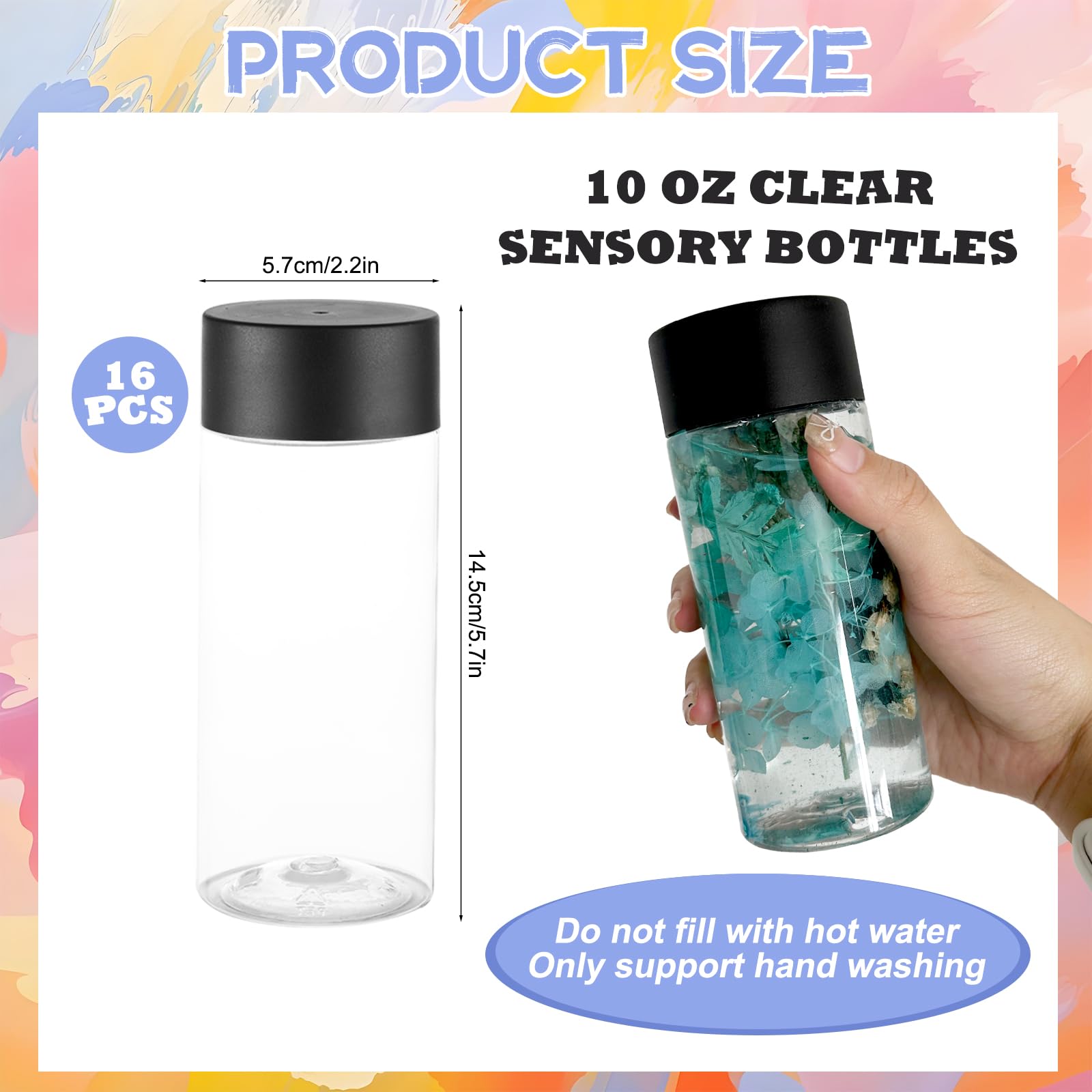 YEXEXINM 16pcs Empty Sensory Bottles Kits, 300 ml Leakproof Clear Plastic Sensory Bottle with Lids with Sequins Accessories, Reusable Water Bottles for Sensory Crafts Handmade Party Supply