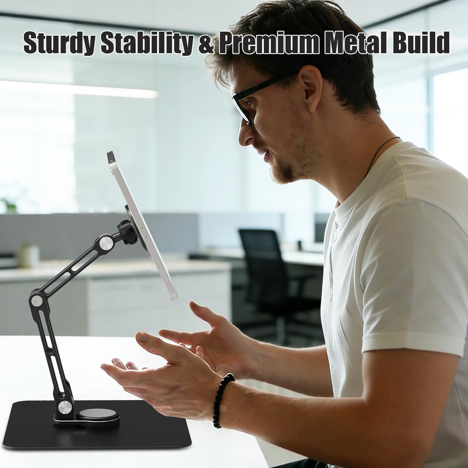 Magnetischer Tablet Halterung Ständer für MagSafe, Aluminium 360° Drehbarer Tisch iPad Halter mit drehbarem Arm für iPhone/Android/iPad/E-Reader