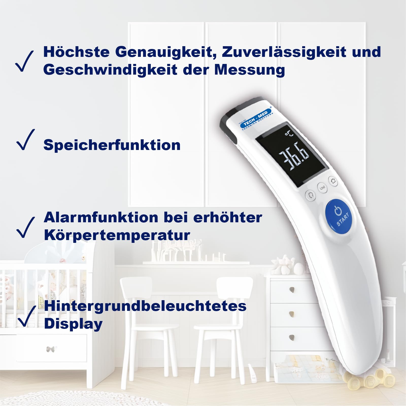 TECH-MED - Elektronisches Infrarot Fieberthermometer Kontaktlos TMB-COMPACT, Fiebermesser Digital, Schnelligkeit der Messung, Temperaturmessgerät Menschen