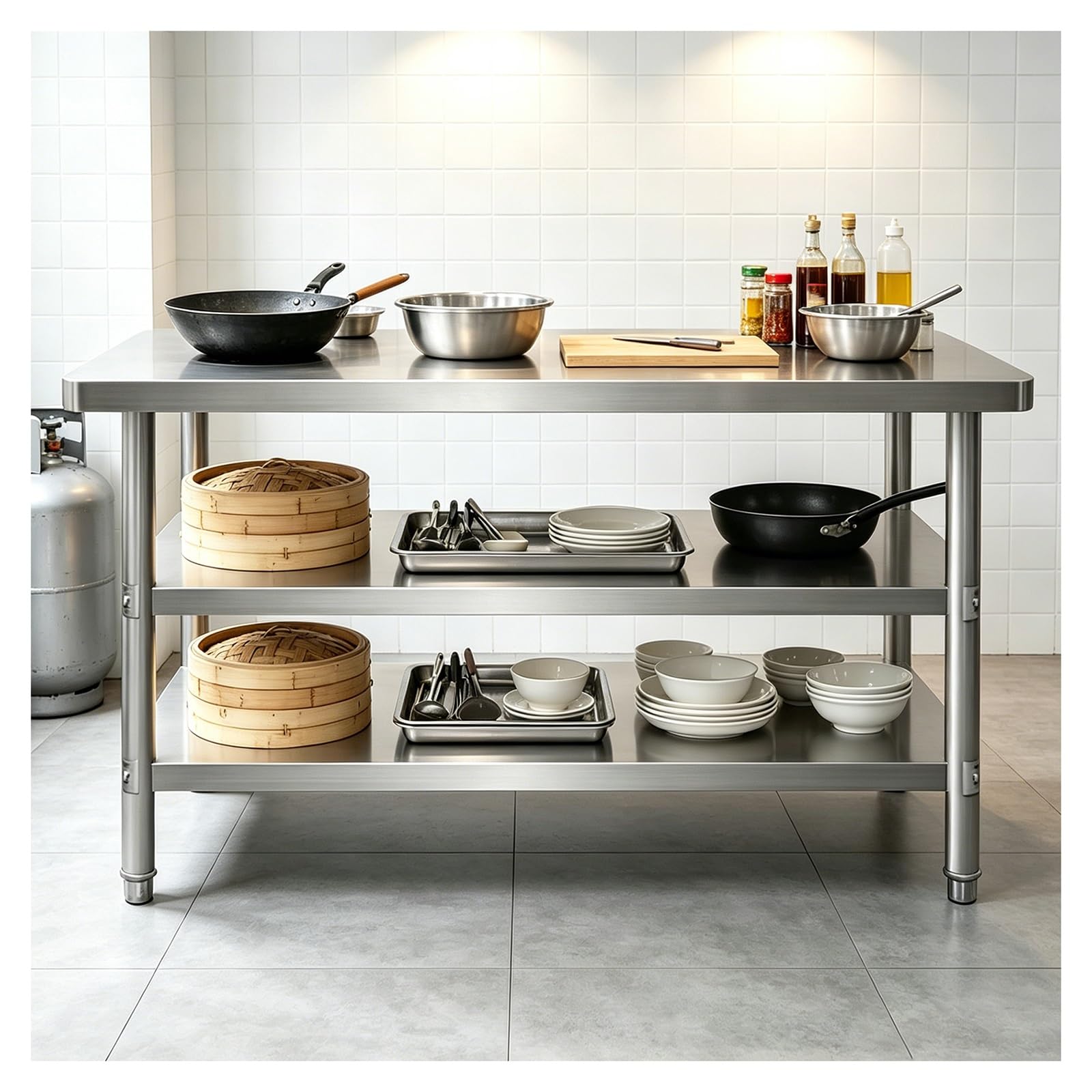 Mesa de acero inoxidable para organizar la cocina exterior con comodidad