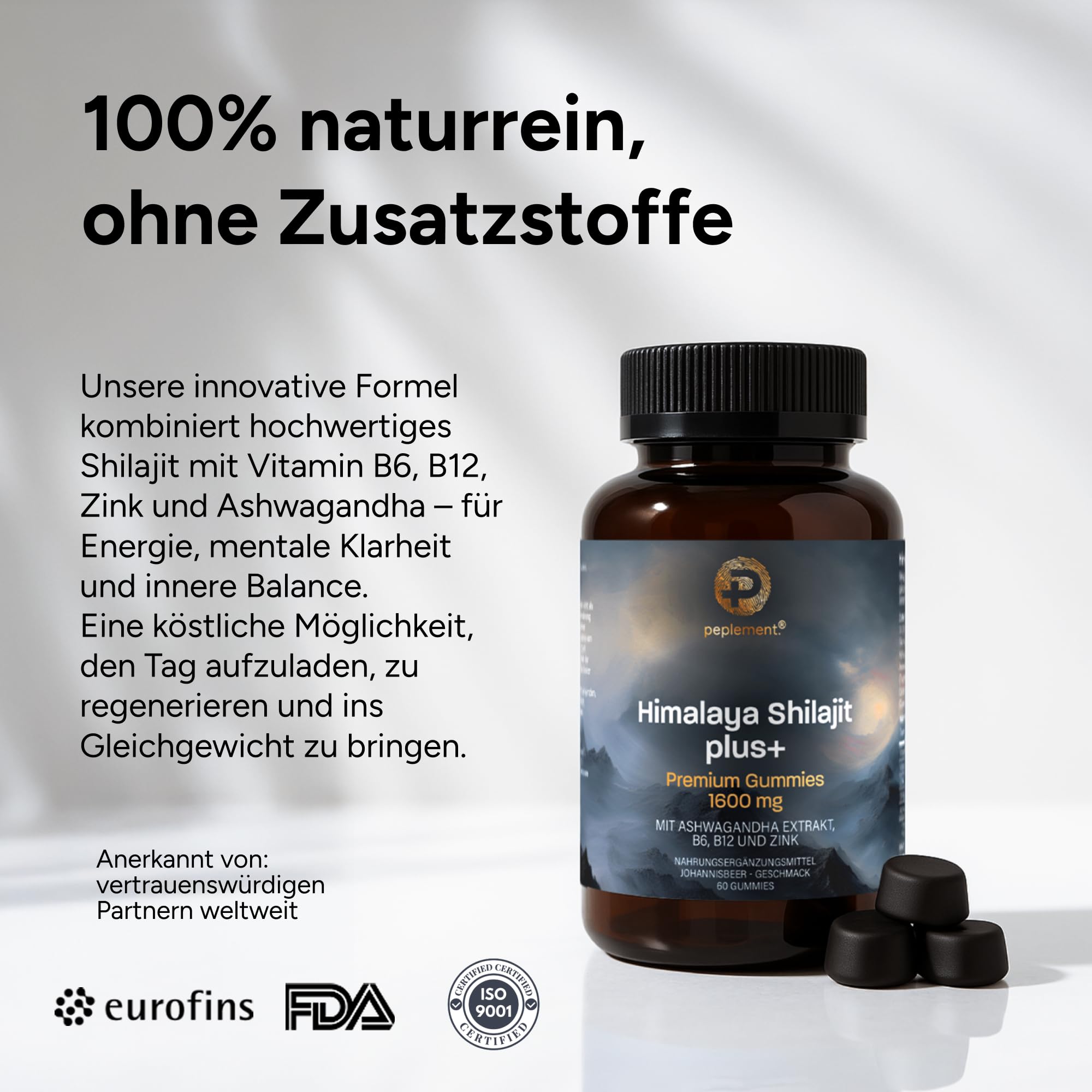 Himalaya Shilajit Plus+ Premium Gummies — 1600 mg | 60 Stück (Mumijo) Shilajit Gummi mit natürlicher Huminsäure, Fulvinsäure und Mineralstoffen, mit Ashwagandha Extrakt, B6, B12 und Zink
