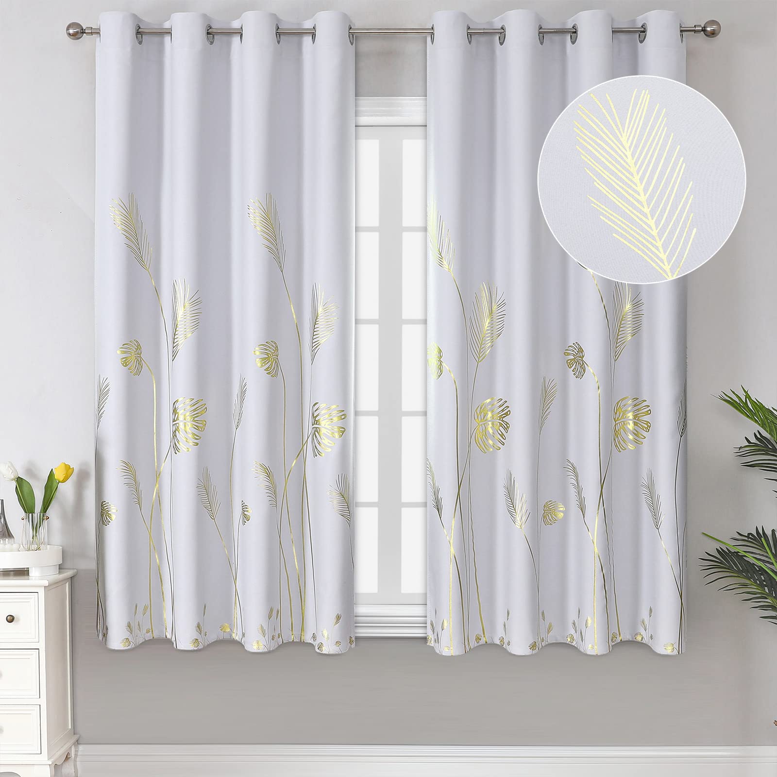 Estelar Textiler Greyish White Curtains for Bedroom 63 Inches Length Thermal Insulated Window Curtain Shades with Gold Wheat and Leaf for Living Room,