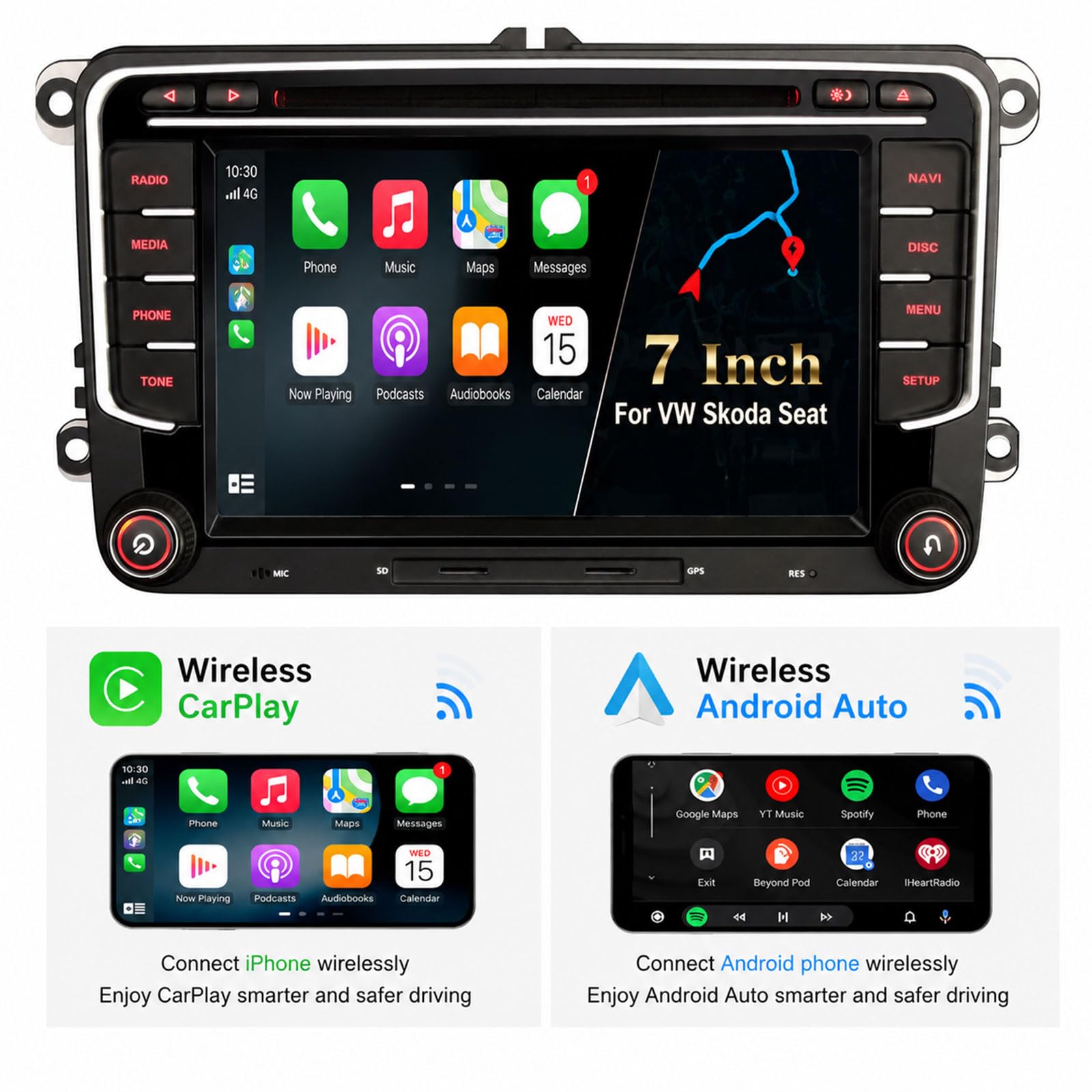 Erisin 7" Android 16 8-Core 4GB+64GB GPS Navegación Radio Coche con Pantalla 2 DIN DVD para VW Passat B6 Golf V Vi Polo Touran Skoda Seat Tiguan Jetta T5 CarPlay Android Auto Bluetooth WiFi 4G Canbus
