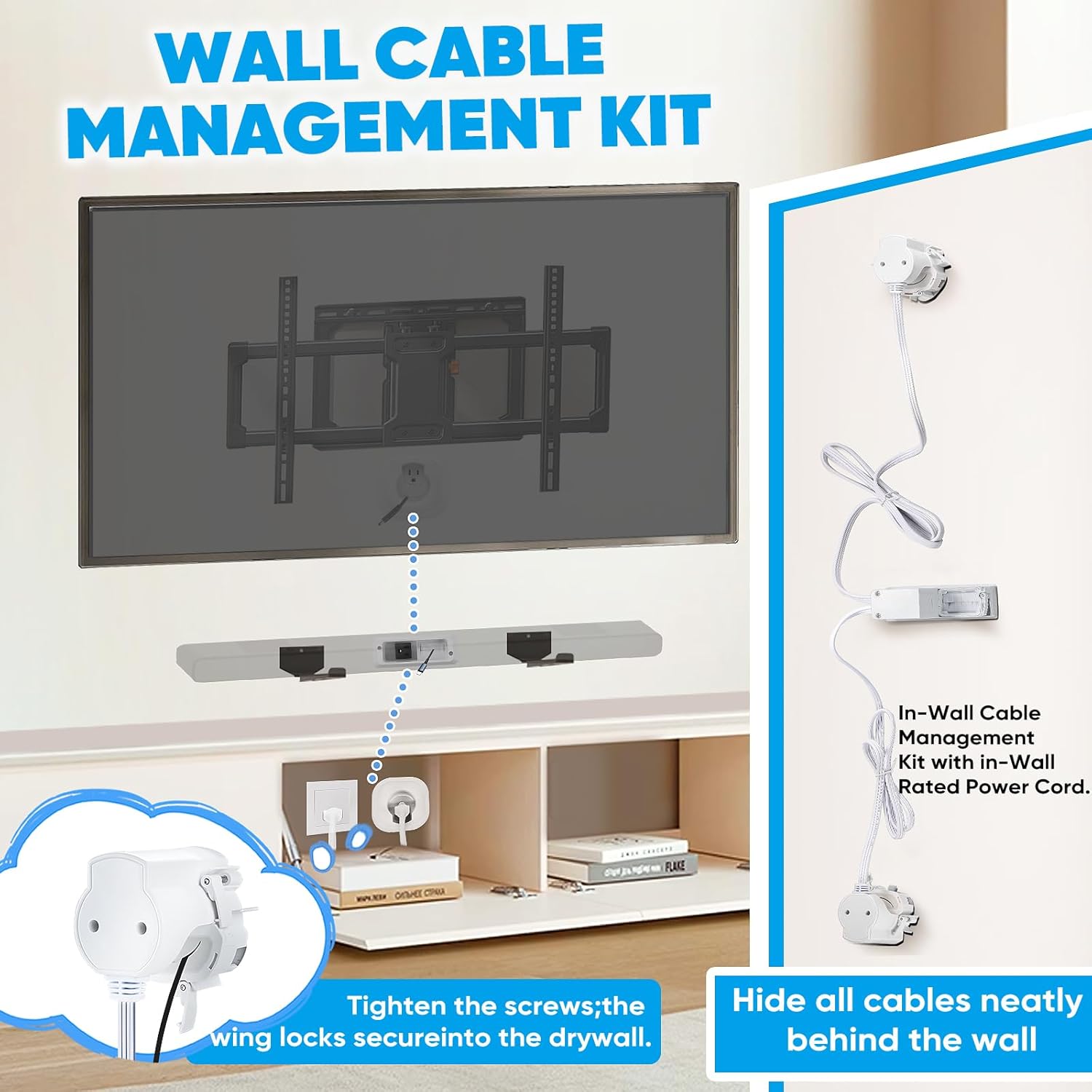 in-Wall Cable Management Kit for TV & Soundbar - Hide Cords Behind Wall Mounted TV with Power Relocation, Includes Drywall Saw & Hole Saw - DIY Home Theater & Gaming Setup