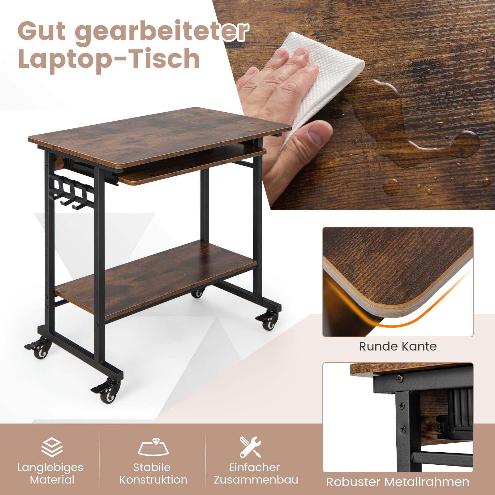 COSTWAY Schreibtisch mit Rollen, Tastaturablage, platzsparender Computertisch PC-Tisch mit Ablagefläche unten und Haken, industrieller Laptoptisch für das Heimbüro (Braun)