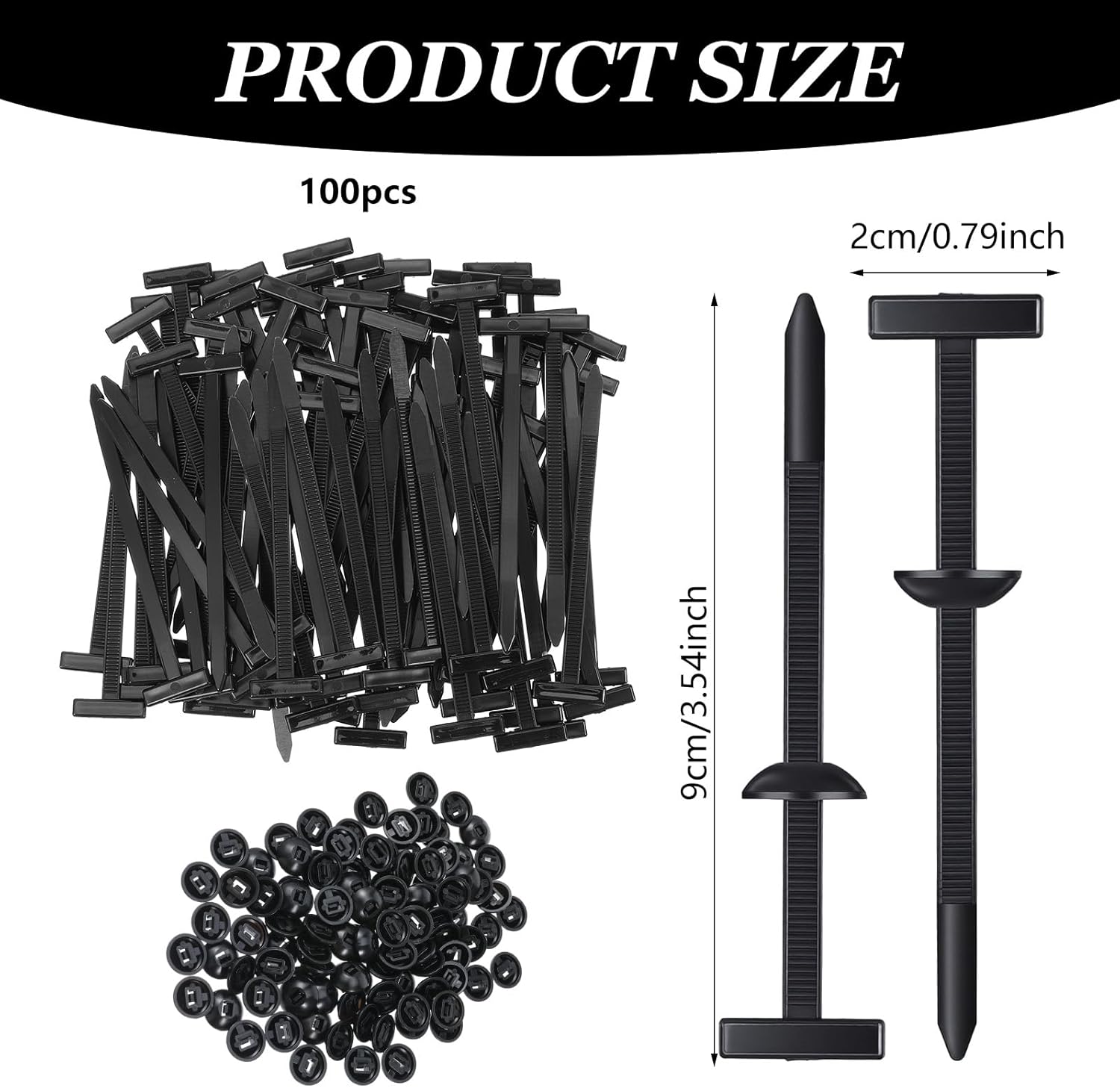 TIESOME 100 Pcs Nylon Cable Tie Buckle, 5 x 90mm Nylon Zip Ties With Snap Pin & Button, Black Multifunctional Fasteners For Cars, Bumper Clips, Wire Management, UV Resistant