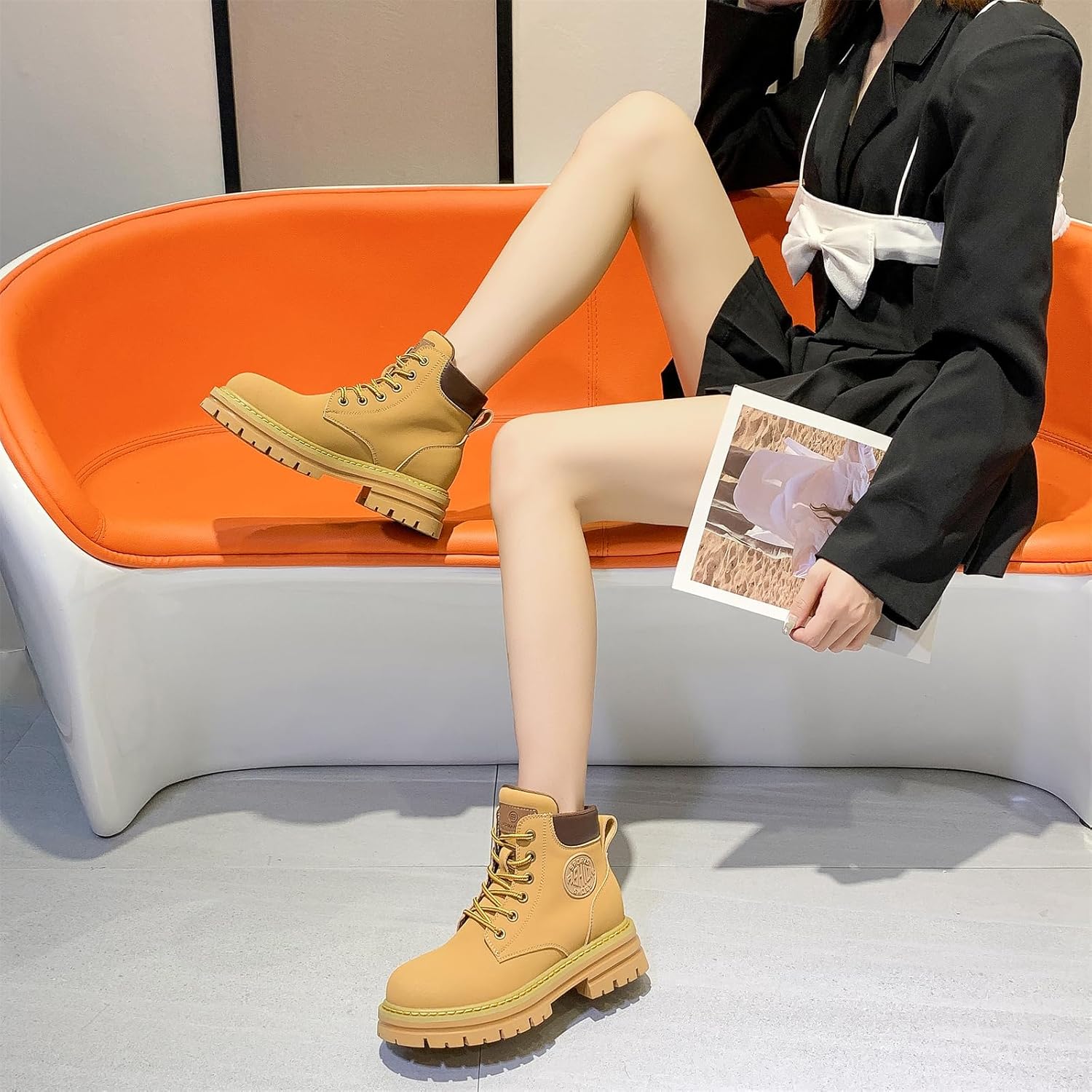 Women's Genuine Leather Lace Up Chunky Platform Dress Ankle Boots Hollow Out Breathable Round Toe Combat Boots Comfortable Non-Slip Oxfords Shoes for Daily Party Wedding