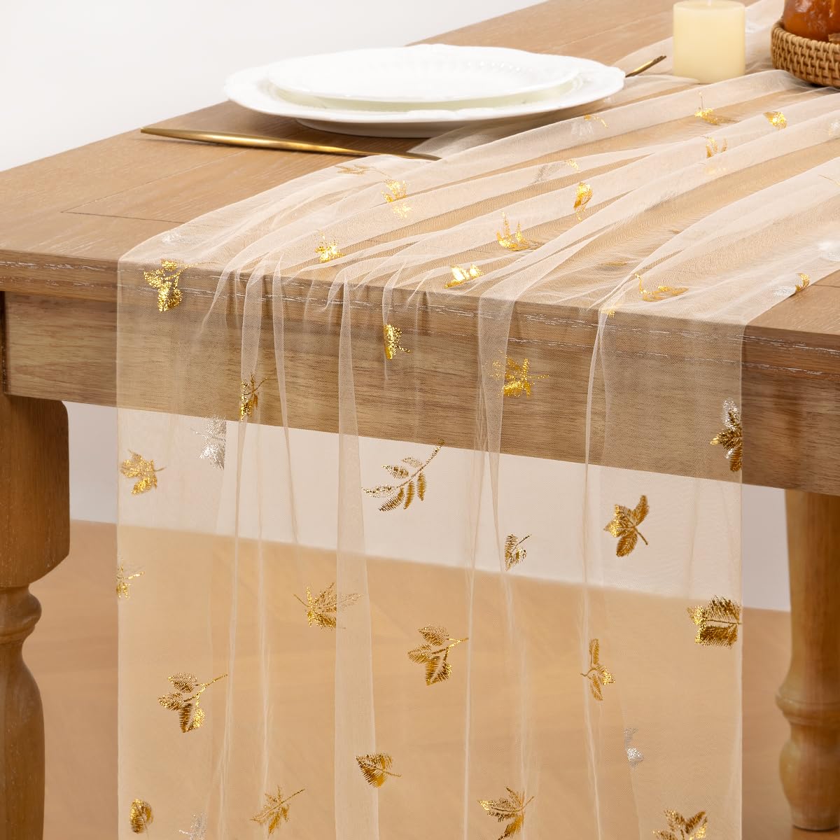 MLMC Fall Maple Leaf Table Runner Beige Sheer Gauze Foil Table Runner, 3PC
