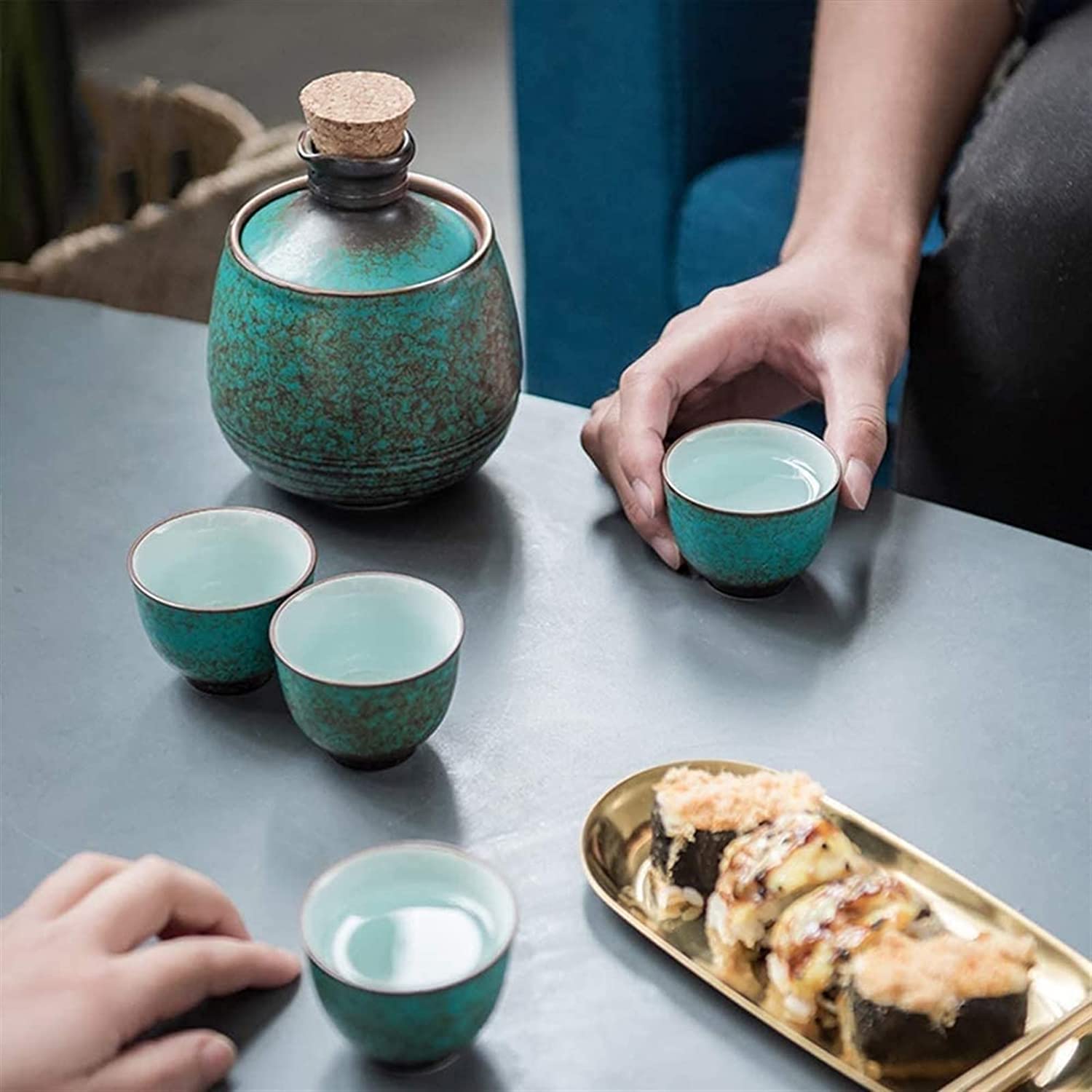Set da 6 Pezzi for Sake con pentola più Calda, Set di Bicchieri da Vino in Ceramica con Smalto Blu, consistenza pittoresca, for Freddo/Caldo/Shochu/tè, miglior Regalo for la Famiglia e Gli amici/121