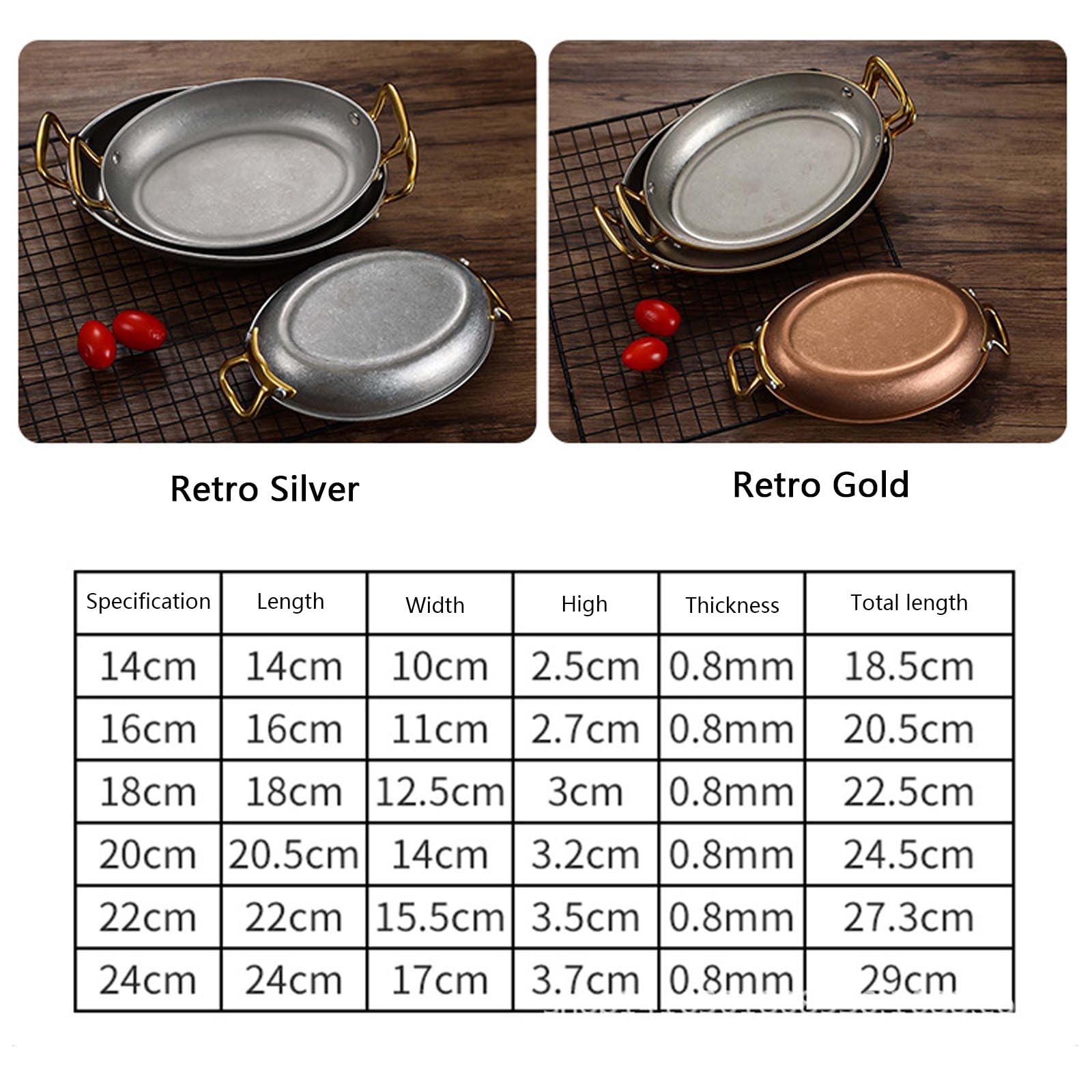 Ovale spanische Paella-Pfanne, antihaftbeschichtete Edelstahlpfanne, genietete Griffe, spülmaschinenfest, Paella-Kochgeschirr für Zuhause oder Restaurants,Retro Gold,24cm