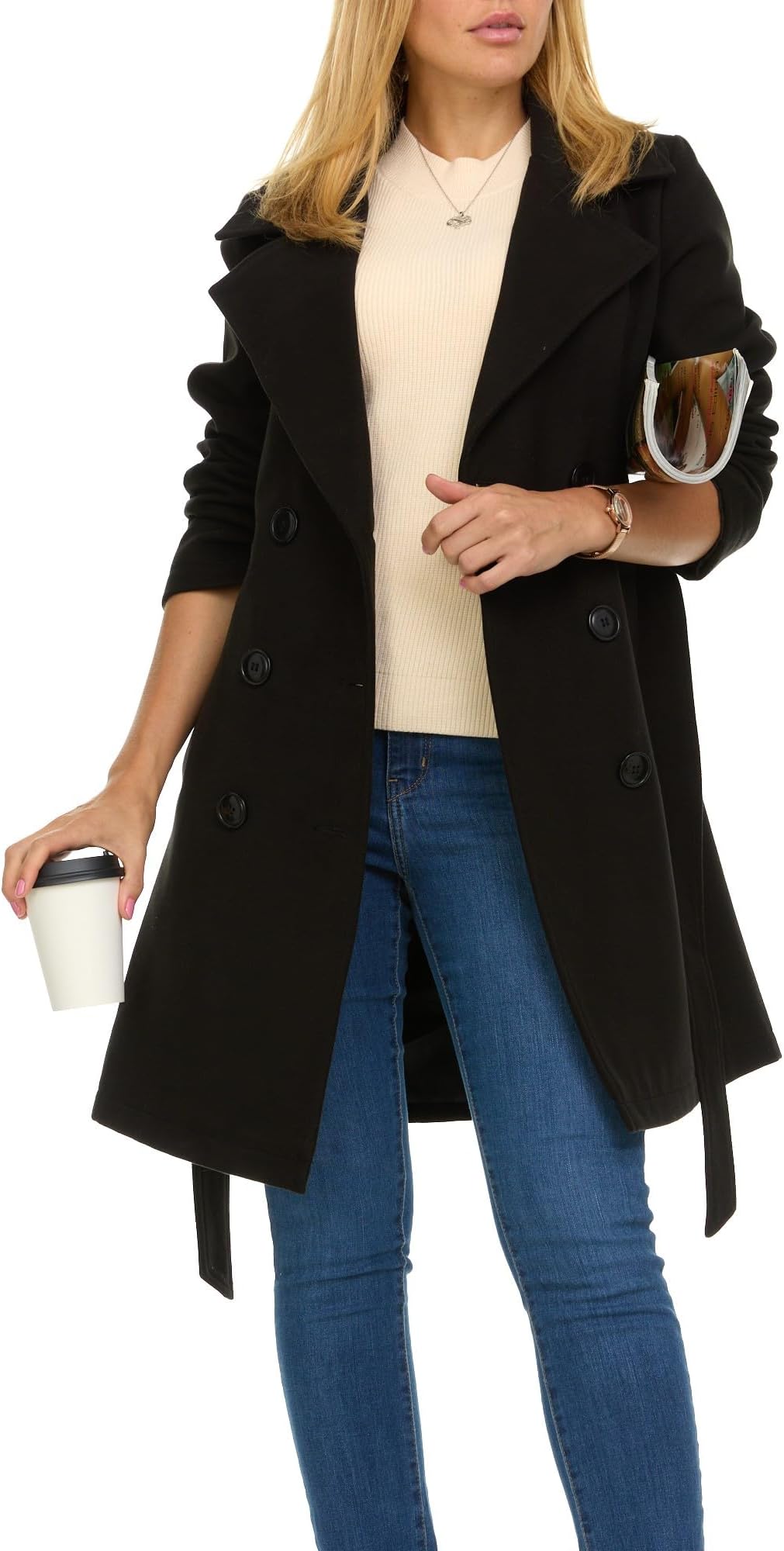 Trench Coat for Women – Double-Breasted Long Winter Faux Wool Coat